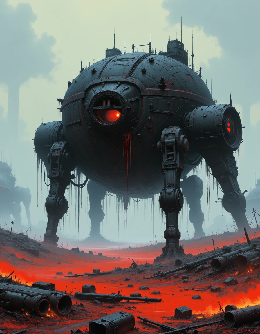 h0rr0rsh0w A post-war battlefield, littered with rusted mechs and scorched earth
 <lora:horror-show:1.0>