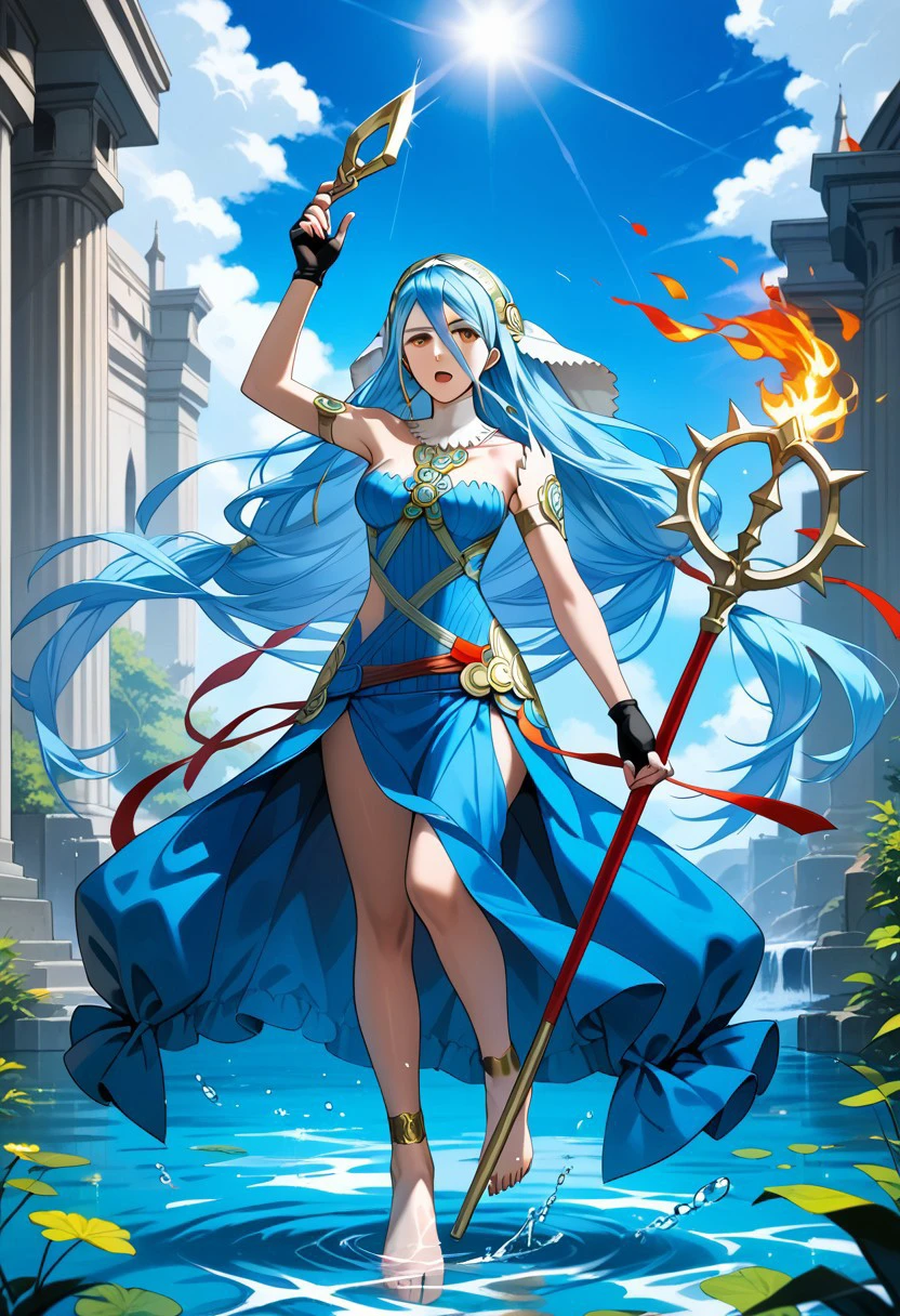 score_9,score_8_up,score_7_up,source_anime,azura (fire emblem),1girl,solo,breasts,open mouth,gloves,dress,holding,jewelry,bare shoulders,medium breasts,full body,weapon,barefoot,fingerless gloves,holding weapon,necklace,water,detached collar,polearm,staff,veil,anklet,