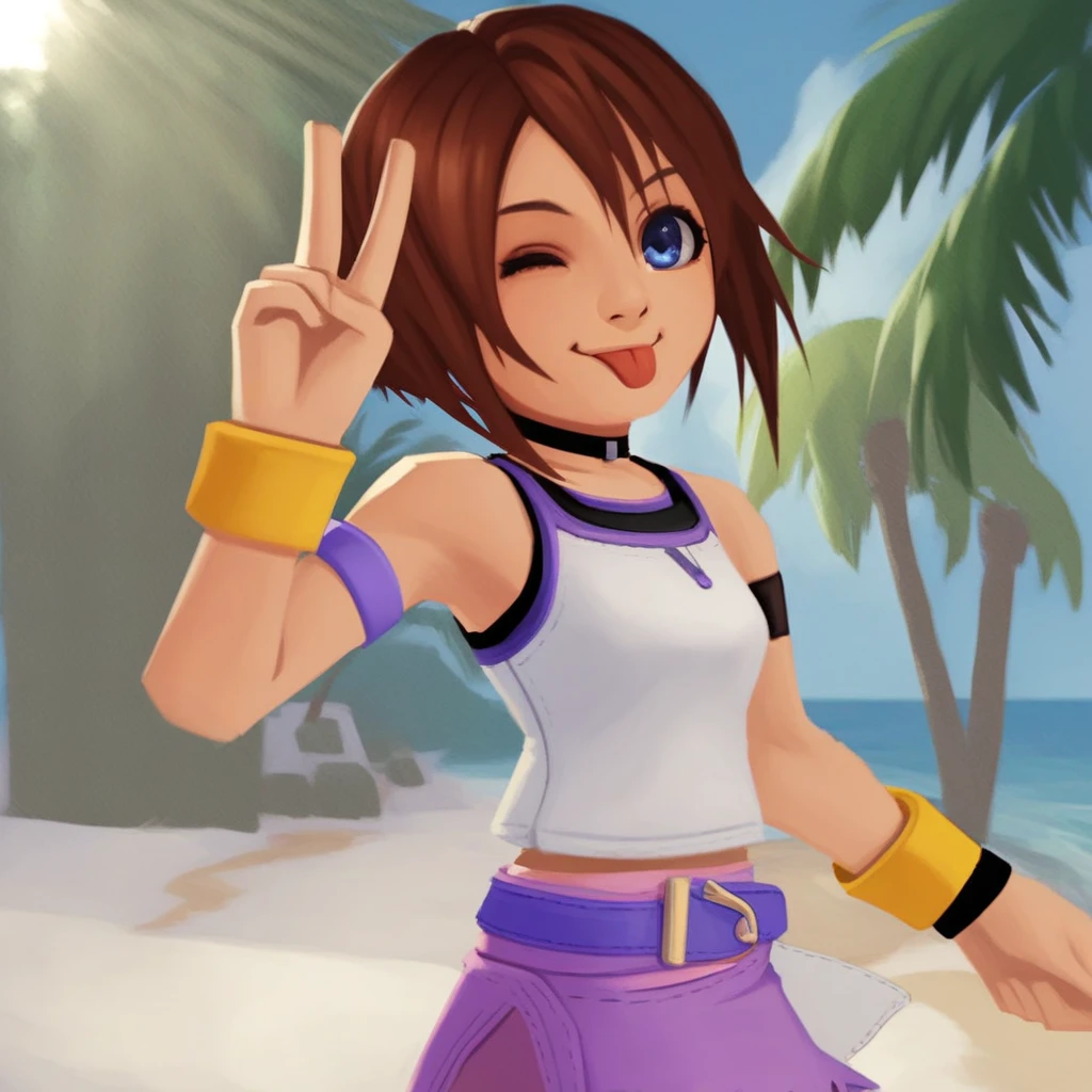 score_9, solo, kairi_kh1, brown hair, short hair, blue eyes, wrist band, choker, belt, tank top, skirt, cute, one eye closed, v, tongue, palm tree, natural lighting