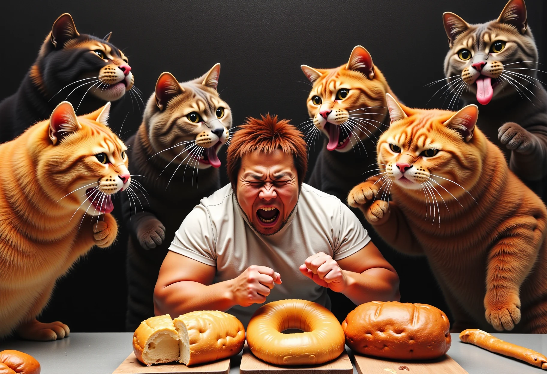 heroic fantasy painting of several mean obese cats are violently scratching red brown hair big strong SatoshiKojima man in the face for trying to eat all the bread, in a bread bakery protected by obese felines, in the dangerous fantasy world. airbrush over oil on canvas. best quality, high resolution