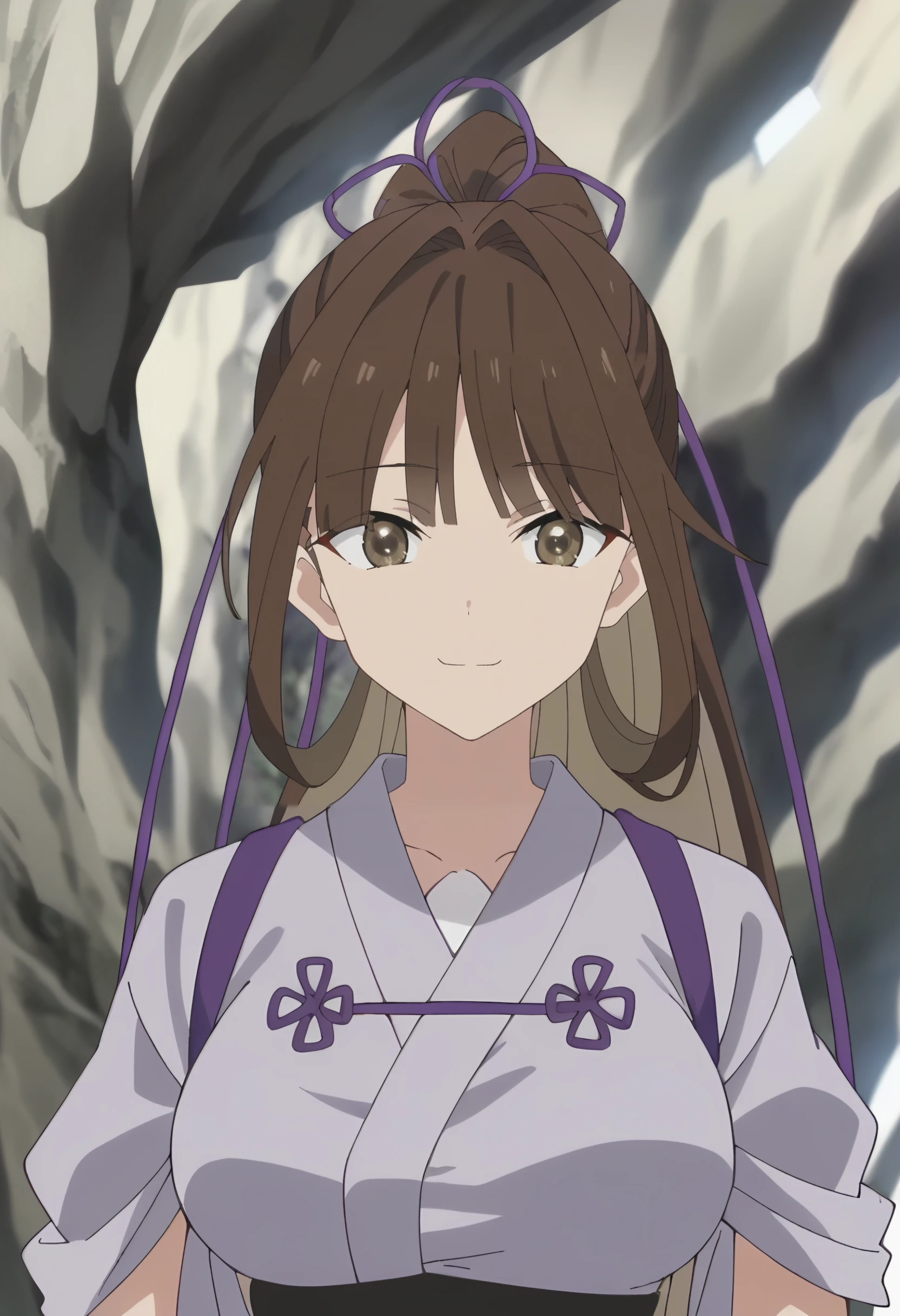 <lora:Airi Jinguuji:0.9>Airi Jinguuji, 1girl, solo , brown hair, brown eyes,  purple ribbon, long hair, large breasts, hair ribbon,  high ponytail, sidelocks,     japanese clothes, white kimono, tasuki, upper body,   looking at viewer, smile, score_9, score_7_up,anime coloring ,source_anime, anime, anime screencap