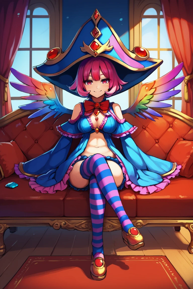 background, dress, score_9, score_8_up, score_7_up, source anime, <lora:Sae:0.80> , saebase, saedef, 1girl, pink hair, short hair, pink eyes, asymmetrical wings, mismatched wings, liquid wing, wings, hat, breasts, huge hat, crown hat, capelet, pendant, gem, red gem, red bowtie, dress, blue dress, open dress, sleeveless dress, navel, frilled dress, layered dress, striped, horizontal-striped thighhighs, kneehighs, wide sleeves, detached sleeves, frilled sleeves, blue bloomers, purple ribbons, platform footwear, shoes, arms at sides, smile, looking at viewer, full body, solo, (sitting), crossed legs, BREAK, interior, ballroom, sofa, windows, curtains, <lora:backgroundsetXL:0.2> , background,  <lora:m31d0n0XLP:0.6> , m31d0n0,