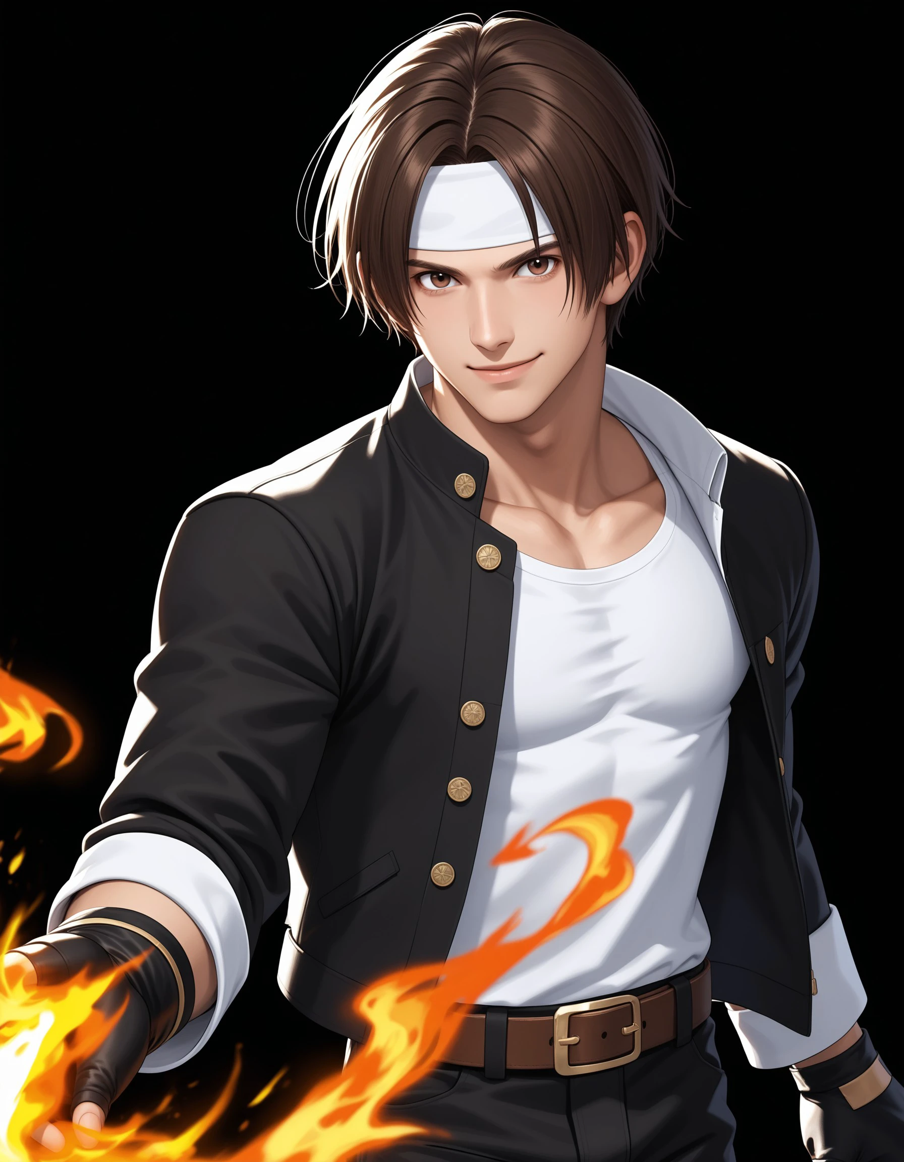 (masterpiece), best quality, expressive eyes, perfect face, kyokof, solo, looking at viewer, smile, short hair, simple background, brown hair, shirt, gloves, 1boy, brown eyes, school uniform, collarbone, jacket, white shirt, male focus, open clothes, belt, pants, fingerless gloves, open jacket, black jacket, muscular, headband, black pants, fire, pectorals, black background, white headband, pyrokinesis, curtained hair, <lora:41e36ce7-579c-4b51-9c62-9f9568086fb1:0.7>