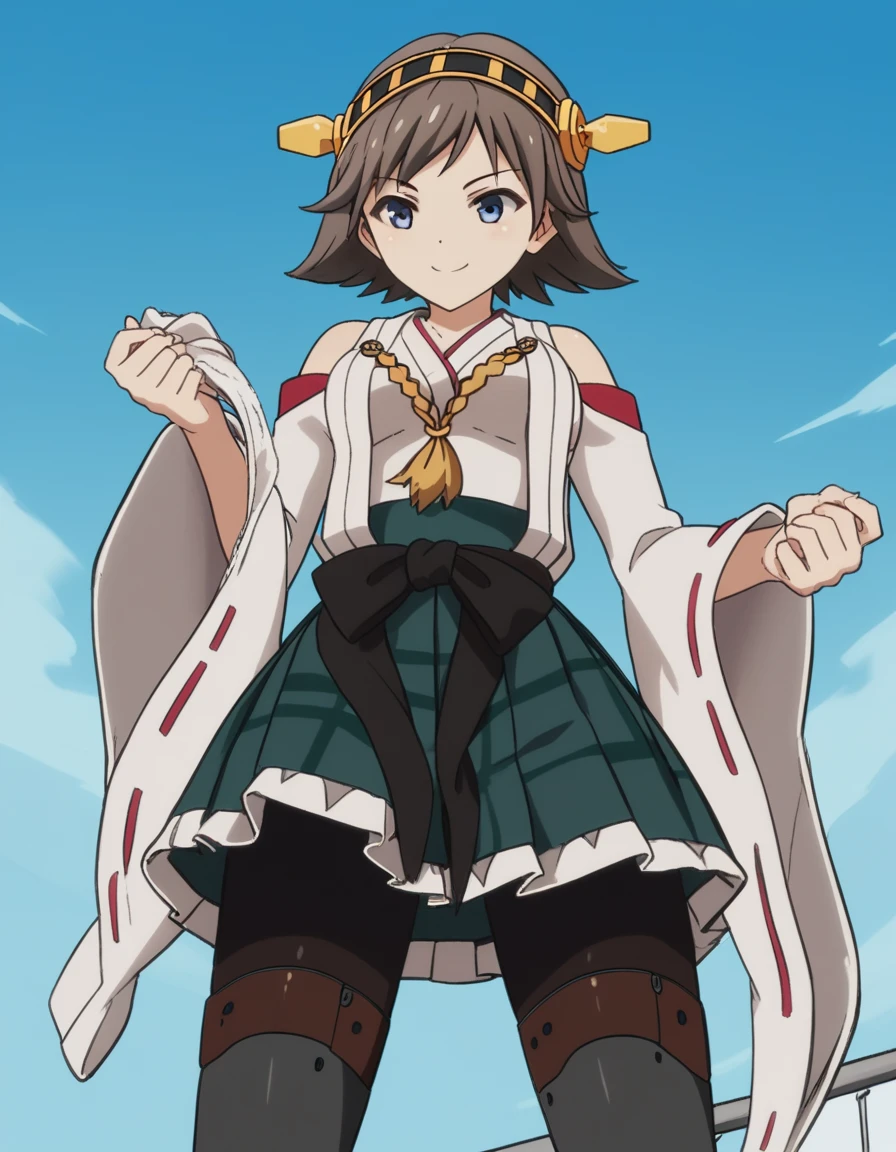 score_9, score_8_up, score_7_up, source_anime, <lora:kancolle-hiei-s1-ponyxl-lora-nochekaiser:1>, hiei, short hair, blue eyes, brown hair, hairband, hiei (kancolle), medium breasts,, skirt, thighhighs, bare shoulders, pantyhose, detached sleeves, japanese clothes, nontraditional miko,, laundry day, clothesline, drying clothes, domestic life, fresh air, blue sky, , , smile, from below, solo,, cowboy shot, dutch angle