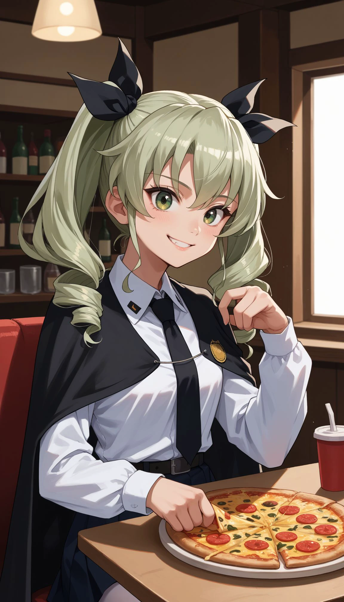 score_9, score_8_up, score_7_up, source_anime,  smile
<lora:Anchovy:0.8>,, pizza, sitting,upper body, indoors, restaurant, aaanchovy,long hair,twin drills,bangs,hair ribbon,anzio school uniform,long sleeves,black cape,emblem,black necktie,wing collar,dress shirt,black belt,(black skirt:1.1),white pantyhose,loafers