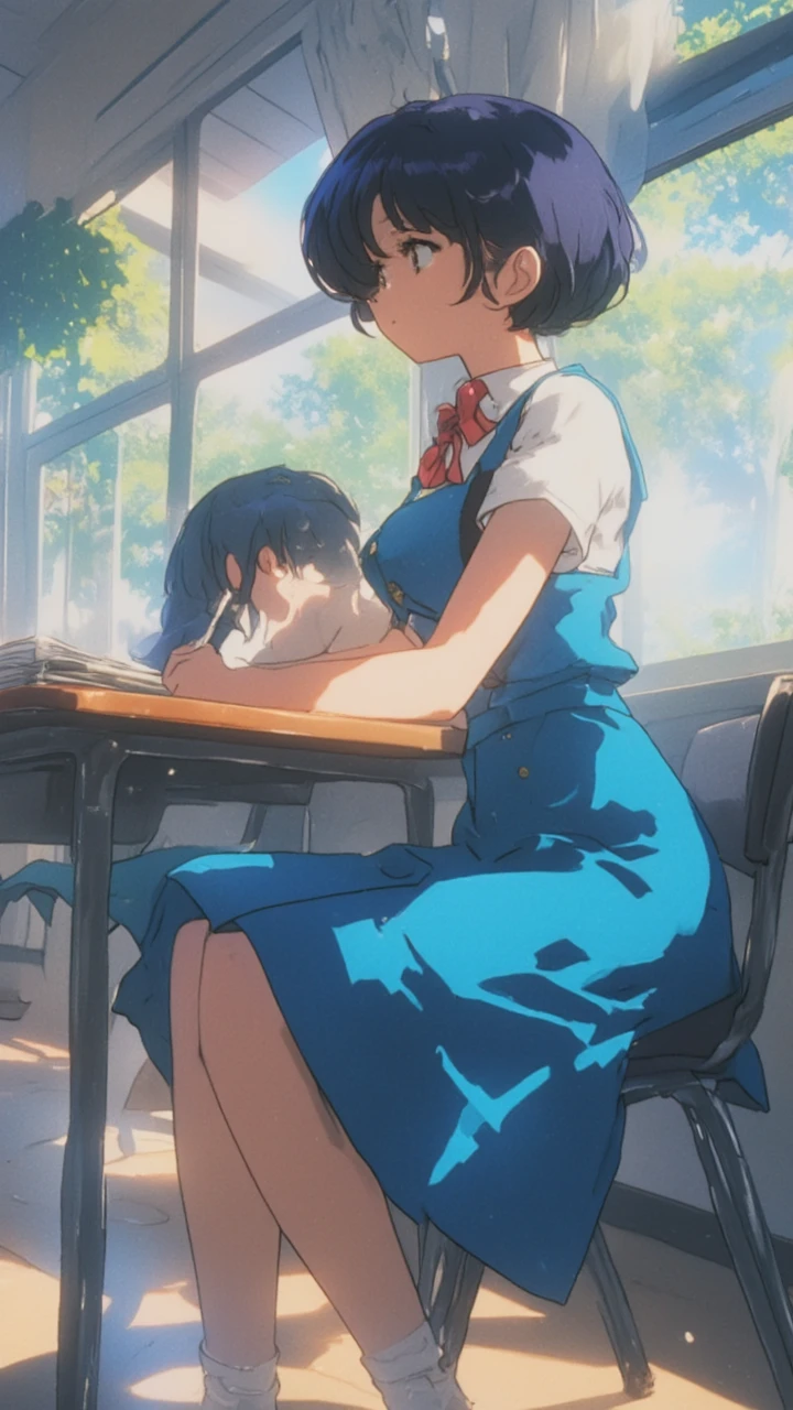 Anime image of TendouAkane sitting at a school desk taking notes in a notebook. She is dressed in a light blue suit with a long skirt and suspenders, over a white shirt with a red bow at the neck. She is wearing black shoes with white socks. Her hair is short and dark blue, and her eyes are brown. She is very focused on writing correctly. She has large breasts and a narrow waist, with a nice silhouette. Morning light streams in through the window, making the classroom bright and cheerful.