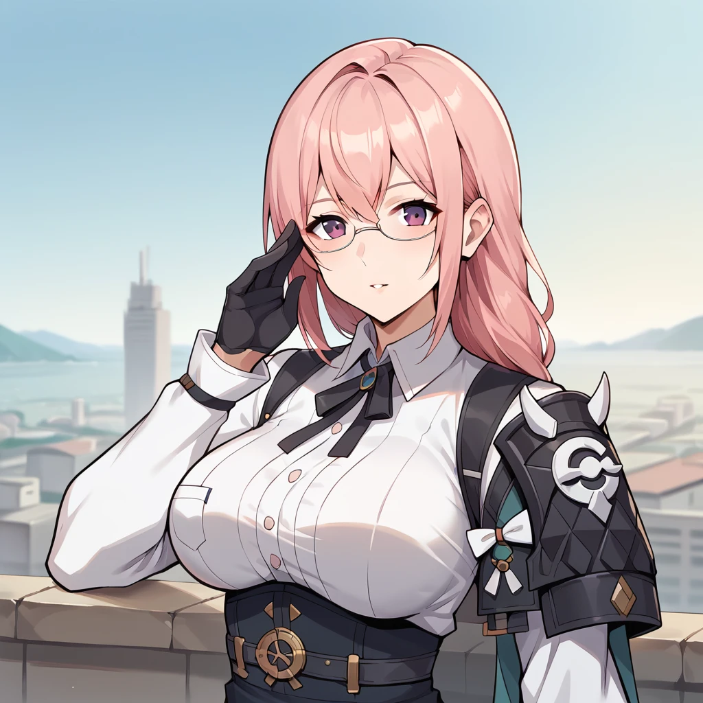 score_9_up, score_8_up, score_7_up, source_anime, 1girl, solo, Yanagi, sun light, rooftop, standing, adjusting eyewear, hand on eyewear, upper body, face focus, parted lips, looking at you, from side, angled shot, pink hair, long hair, purple eyes, braided ponytail, under-rim eyewear, white shirt, collared shirt, long sleeves, white sleeves, shoulder armor, black gloves, black skirt, high-waist skirt, mature body, dynamic cowboy shot, outdoors, cityscape background