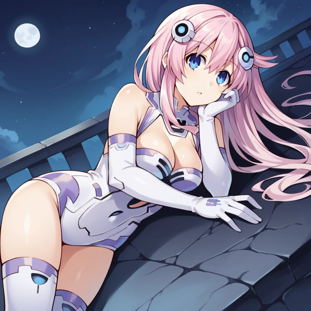 score_9_up, score_8_up, score_7_up, source_anime, 1girl, solo, NepG, Nep_CPU, moon light, starry sky, night sky, lying back on stone ledge, curious, parted lips, from above, raised hands, looking at you, head tilt, nepgear, long hair, pink hair, blue eyes, hair ornament, white leotard, turtleneck, cleavage cutout, bare shoulders, long gloves, white gloves, white footwear, thigh boots, mature body, dynamic cowboy shot, outdoors, sky clouds background