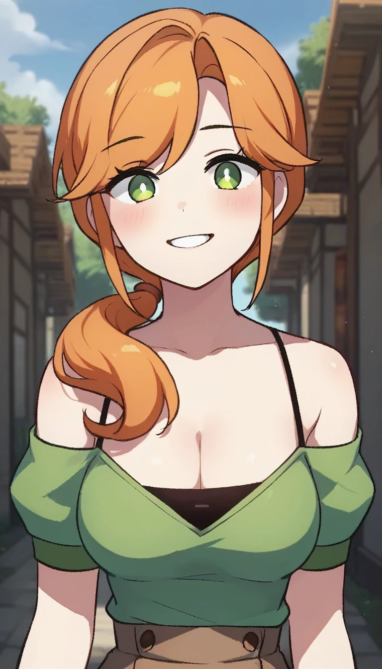 score_9,score_8_up,score_7_up,score_6_up BREAK official art,solo,outdoors,upper body,(portrait:1.5),looking at viewer,facing viewer,smile,blush,Alex,long hair,orange hair,ponytail,hair over shoulder,sidelocks,swept bangs,green eyes,white pupils,bright pupils,collarbone,cleavage,bare shoulders,green shirt,off-shoulder shirt,spaghetti strap,medium breasts,puffy sleeves,short sleeves,shirt tucked in,high-waist skirt,brown skirt,<lora:Alex(Bubble Planet)-Pony:1.3>,