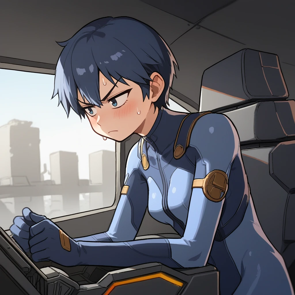 score_9, score_8_up, score_7_up, score_6_up, score_5_up, score_4_up, zPDXL2,source_anime,rating_questionable, 1girl, solo, window, <lora:Mech_Cockpit:0.8>m3chp1t, cockpit, blue plug suit, cramped, sweaty, blush, visible sweat, annoyed, urban, ruins