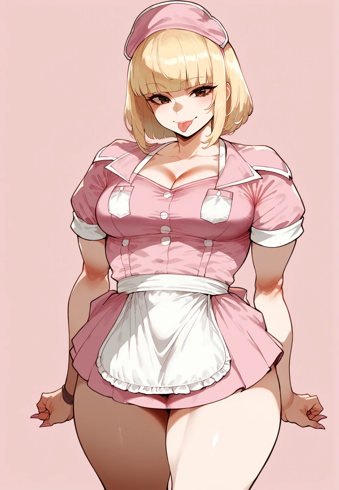 score_8_up, score_7_up, score_6_up, source_anime, 1girl, solo, simple background, pink background,
standing, pose, contrapposto, arched back, feet out of frame
blonde hair, blunt bangs, brown eyes, tongue out, medium hair, smile, large breasts
thotshit, pink dress, short dress, pink hat, apron, short sleeves, cleavage, thighs, <lora:thotshit:1>