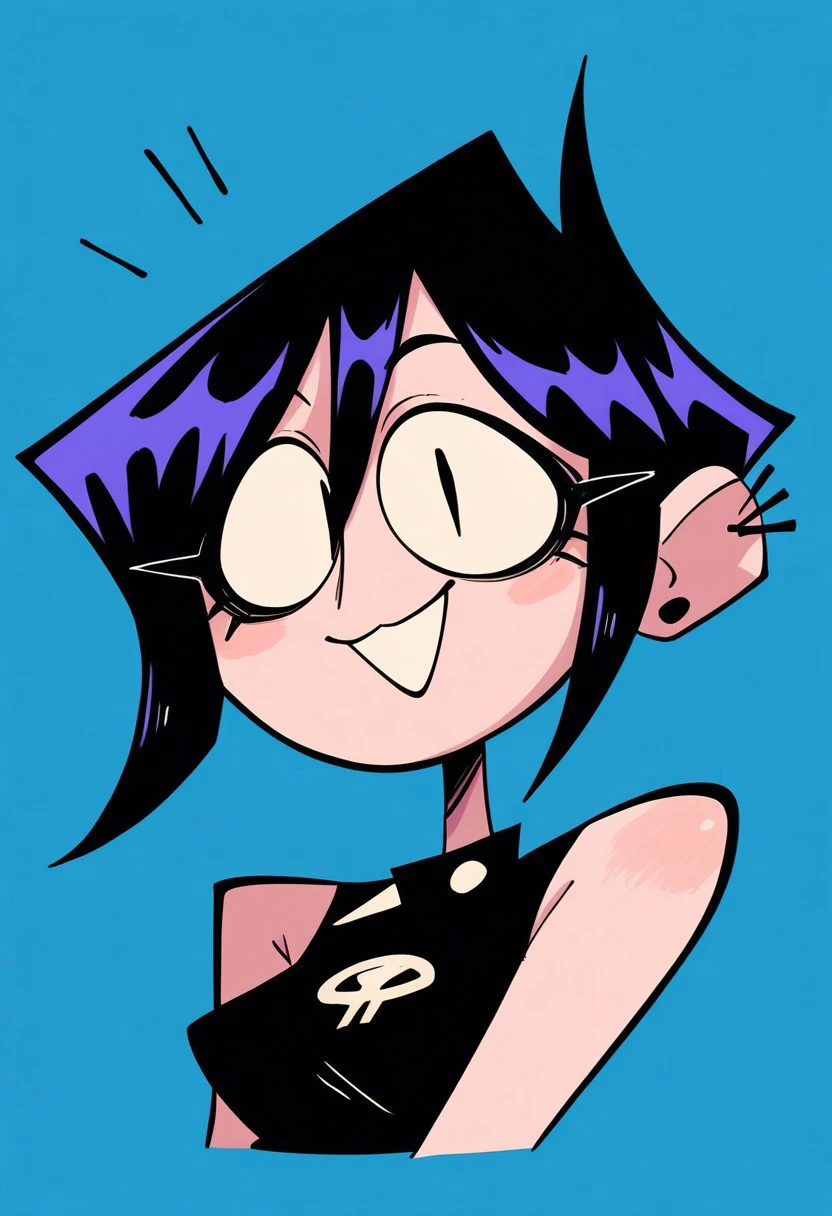 source_9, source_8_up, source_7_up, 1girl, valbun, black hair, short hair, black eyes, stud earrings, ear piercing, smile, happy, looking at viewer, crop top, portrait, blue background
