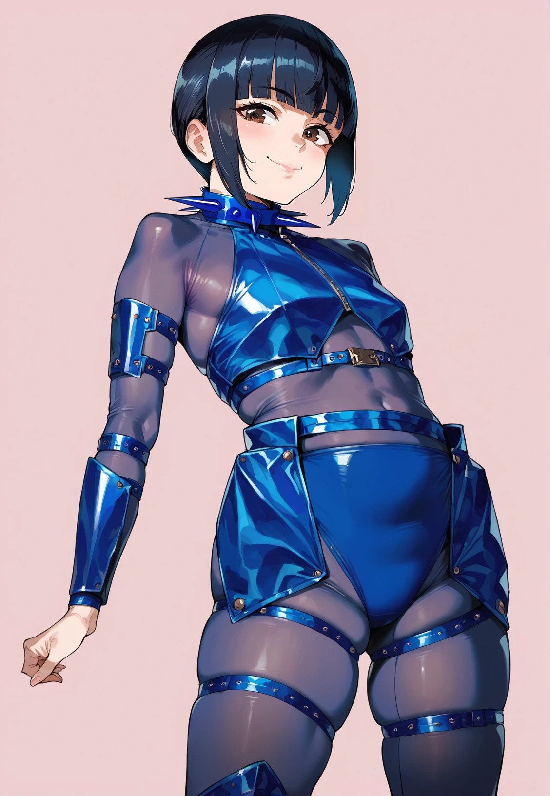 score_8_up, score_7_up, score_6_up, source_anime, 1girl, solo, simple background, pink background,
standing, pose, contrapposto, arched back, cowboy shot, 
black hair, blunt bangs, brown eyes, smile, small breasts, thighs
daisyashnikko, spiked collar, bodystocking, shiny outfit, chest belt, blue panties, belt, arm belt, leg belt  <lora:Daisy:1>