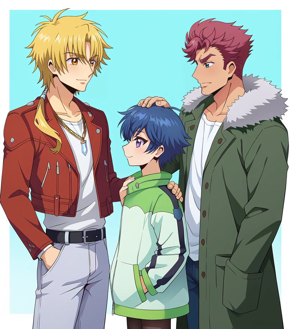 zPDXL2,rating_safe,<lora:Danji_Yu-yu_Tohya:0.9>,3boys,multiple boys,male focus,(upper body:1.2),smile,amusement park BREAK tohya ebata,jewelry,hands in pockets,red jacket,shirt,belt,pants,pendant,white shirt,low ponytail,open jacket,open clothes,belt chain BREAK yu-yu kondo,green-white jacket,black pants,pantyhose,height difference,hand on another's shoulder BREAK danji momoyama,green fur-trimmed coat,white shirt,open clothes,hood down,pants,