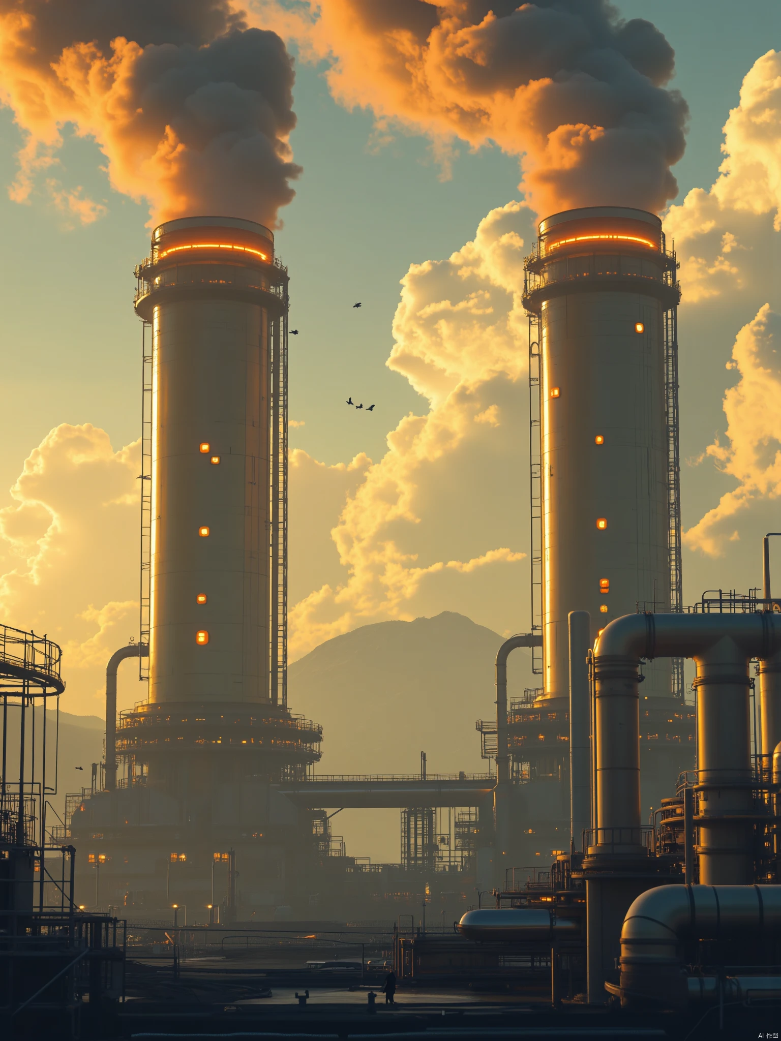 OBweilai,
a view of a factory with two large cylindrical towers
each with a smokestack billowing out of the top of the chimney
emitting a vibrant orange glow. To the right of the towers
a large metal pipe protrudes from the bottom of the tower
adding a touch of rustic charm to the scene. In the background
a mountain range can be seen
with a few birds flying in the distance. The sky is a deep blue
dotted with white clouds.