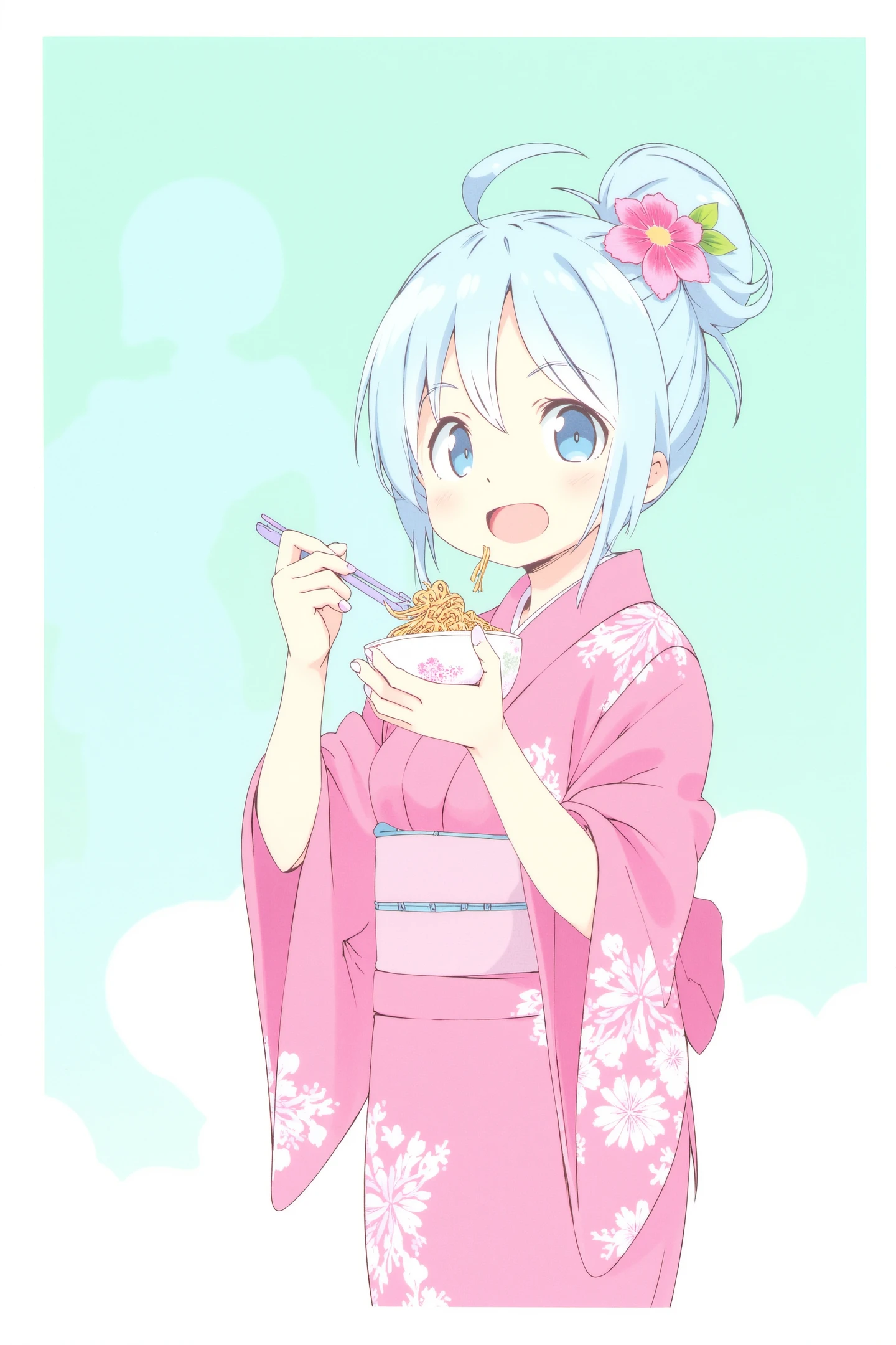 This is a digital drawing in the anime style, featuring a young girl with light blue hair styled in a high bun adorned with a pink flower. She has large, expressive blue eyes and a cheerful expression, with her mouth open in a wide smile. She is wearing a traditional Japanese kimono with a vibrant pink color and intricate white floral patterns. The kimono is tied with a blue obi sash. She holds a small bowl of noodles in her right hand, with chopsticks poised to eat, while her left hand is slightly raised, holding a spoon. The background is a teal color with a soft, cloud-like texture, and a faint, slightly blurred image of the same girl is visible in the background, adding depth and a sense of movement. The overall composition is clean and vibrant, with a focus on the girl's joyful demeanor and the cultural significance of the kimono.
<lora:Kanzaki Hiro_FLUX:1>,