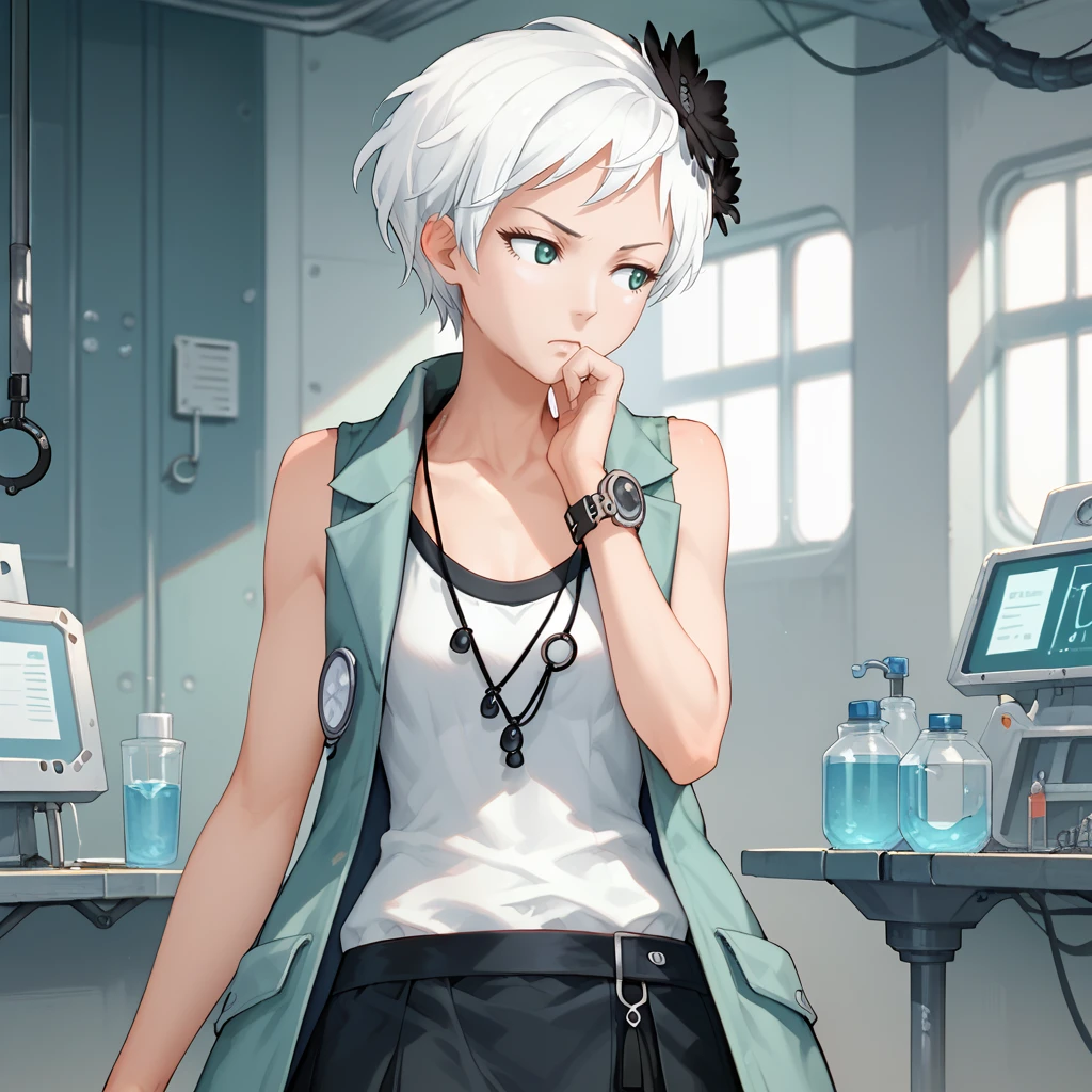 score_9, score_8_up, score_7_up, 1girl, solo, uncensored, nonaryphi, serious, looking away, thinking, hand on own chin, short white hair, black hair flower, light blue vest, white shirt, sleeveless, black skirt, necklace, black wristwatch, indoors, laboratory, escape room, <lora:NonaryPhiTrainingXL_v1.0:1>