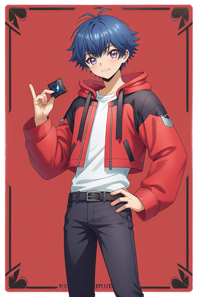 zPDXL2,rating_safe,<lora:Danji_Yu-yu_Tohya:1>,yu-yu kondo,1boy,male focus,solo,card,smile,holding,red-black hooded jacket,shirt,looking at viewer,pants,hood down,white shirt,holding card,hand on own hip,black pants,open clothes,open jacket,official art,upper body,