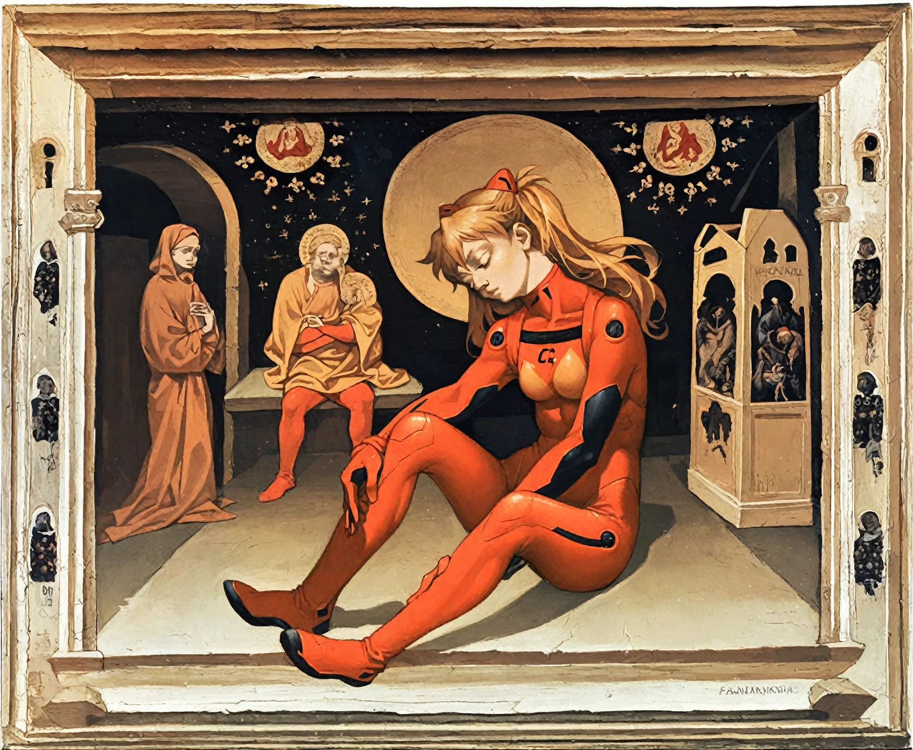 <lora:gentile-da-fabriano_pony_v1:1>  ' asuka langley soryu ' by FabrianoGentileda in 1425, religious painting \(genre\), International Gothic \(style\),   Christianity, Holy places, Prophet,  red bodysuit, plugsuit, score_9, score_6_up, score_7_up