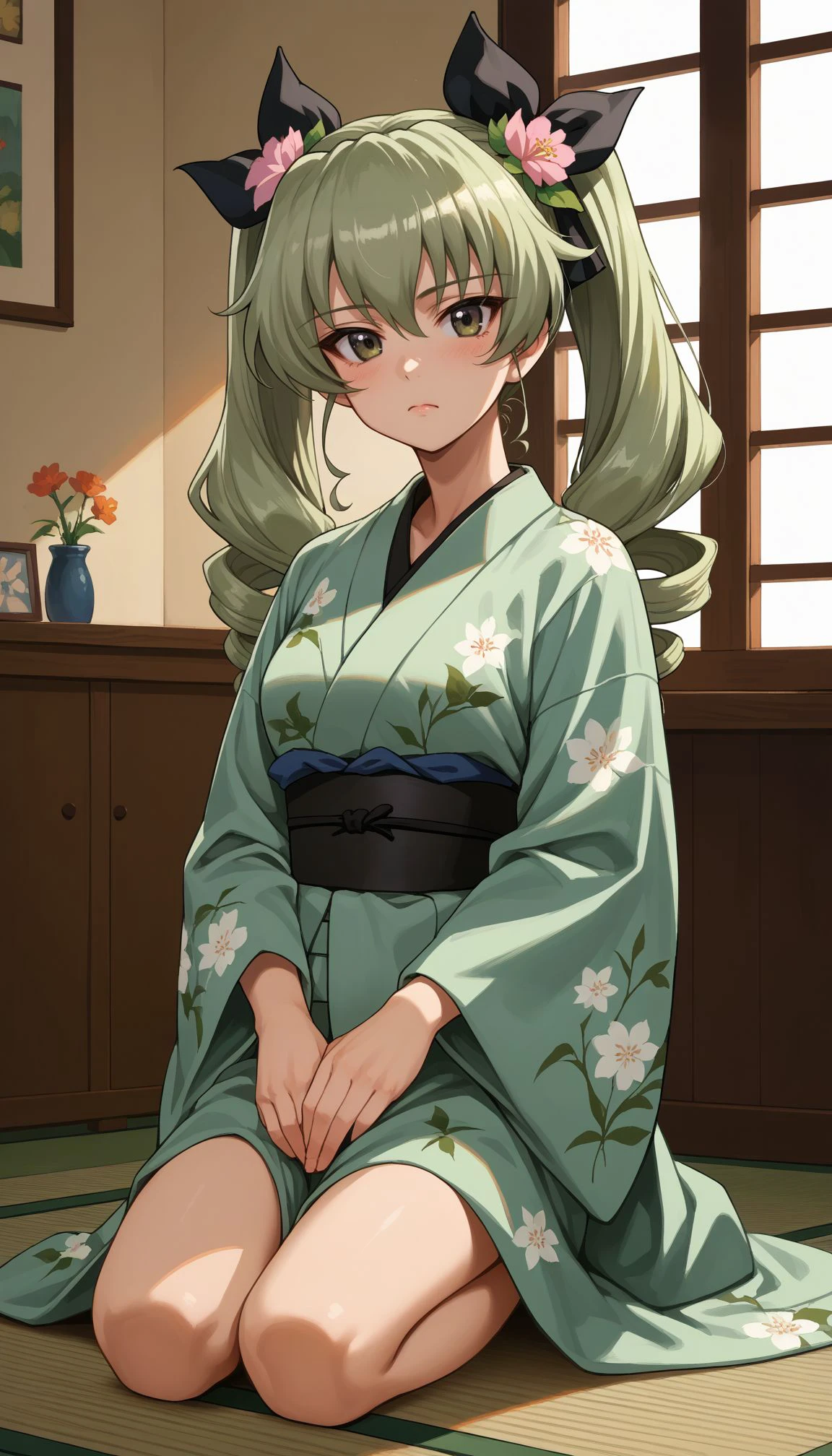 score_9, score_8_up, score_7_up, source_anime,
 <lora:Anchovy:0.8>,, , anchovy (girls und panzer),green hair, long hair, twin drills, bangs, hair ribbon,  indoors, kimono, hair flower, floral print, wariza, kneeling