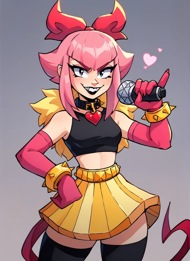 score_9, score_8_up, score_7_up,  <lora:bsmelodie:1>  bsmelodie  , fur trim ,  1girl, solo ,  pink hair,  hair bow  ,black collar ,neck heart  ,black shirt, crop top,  bare shoulders, elbow gloves, pink gloves, yellow bracelet , yellow skirt  , black thighhighs  ,evil smile,  , looking at viewer, Holding microphone