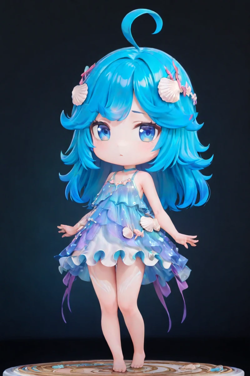 <lora:fumo3>,
chibi,solo,
masterpiece,best quality,
fumo,
, blue eyes, shiny hair, barefoot, blue dress, gradient, shell hair ornament, ahoge, <lora:Duoliya_xl:0.8>