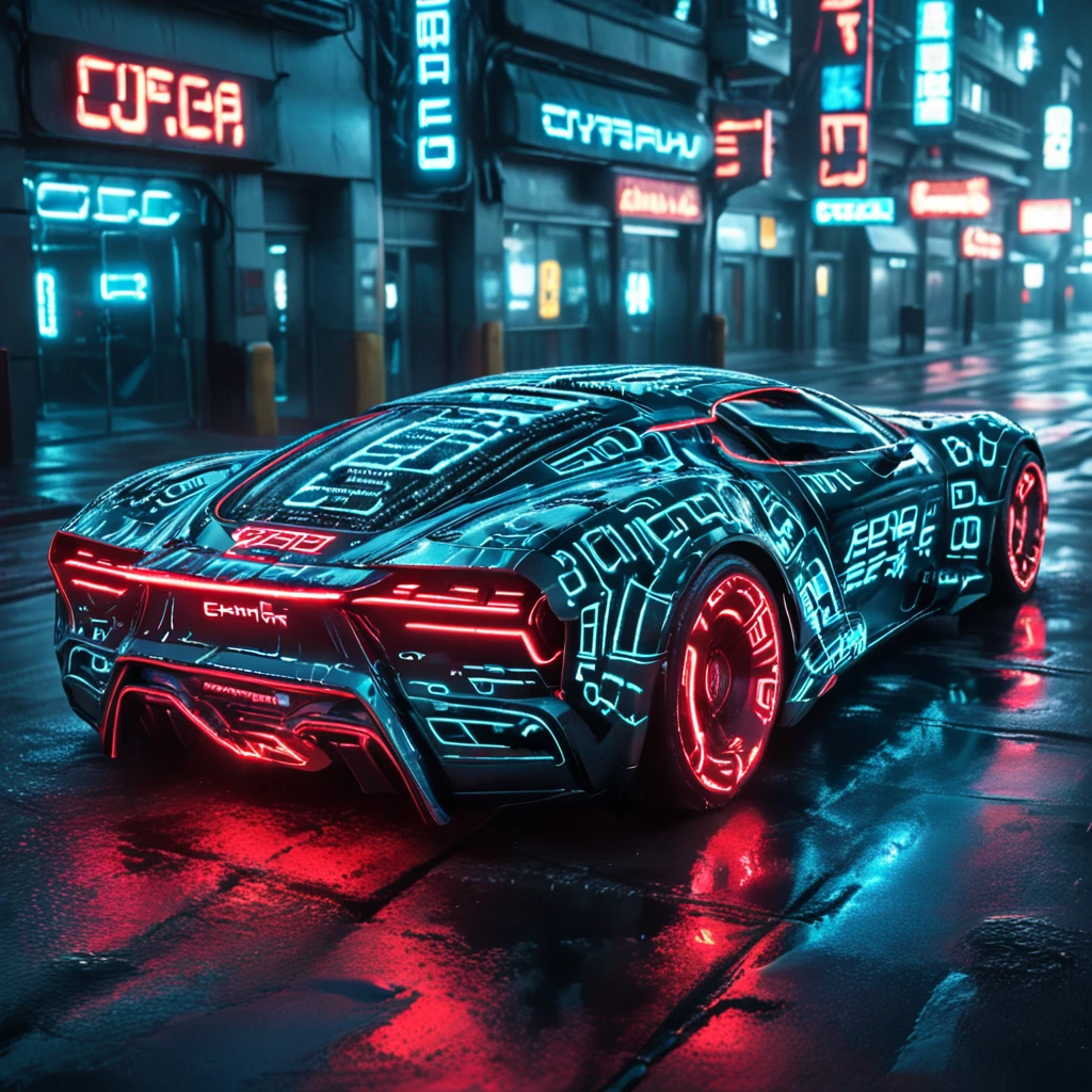 This photograph captures a futuristic, high-tech sports car,there is glowing text texture all over on the car with letters "cyberpunk" with a futuristic letter style,the car is likely a concept vehicle, parked on a wet, glistening street at night. The car's sleek, aerodynamic design is accentuated by intricate neon blue and red wireframe lines that outline its body, suggesting a cyberpunk aesthetic. The vehicle's headlights and taillights are glowing with a bright, pulsating blue light, while the rear lights are red, creating a striking contrast.,
 <lora:glowing_letters_xl:0.8>