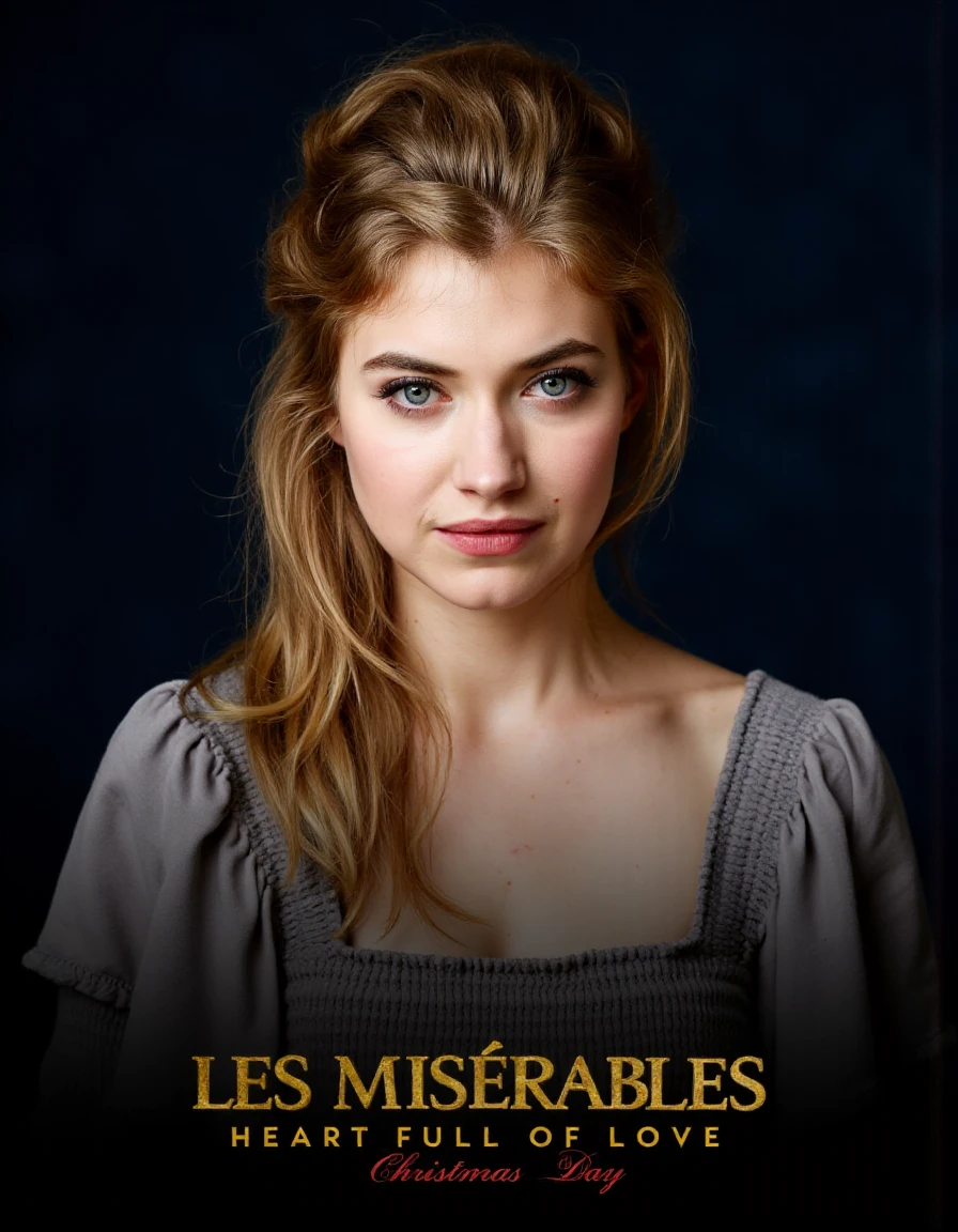 This image is a digitally created promotional poster for the movie "Les Misérables," featuring a close-up of a young woman with long, wavy brown hair that cascades over her shoulders. The woman's expression is serious and contemplative, with a slight furrow between her eyebrows. Her skin is fair, and her eyes are a striking green, with a subtle highlight on her cheekbones. She wears a soft, muted grey top with delicate ruffles, suggesting a vintage or period-style garment. The background is a deep, dark blue, which contrasts sharply with her fair complexion, drawing attention to her face.
The text at the bottom of the image reads "HEART FULL OF LOVE" in a soft, elegant font, followed by the title "LES MISÉRABLES" in a bold, golden font. The text "Christmas Day" is also present in smaller font, indicating the film's release date. The overall style of the poster is dramatic and emotional, with a focus on the character's intense expression and the evocative text. The poster aims to evoke a sense of heartache and love, aligning with the themes of the film,Imogen Poots,<lora:Imogen_Poots_Flux_V1-000002:1>