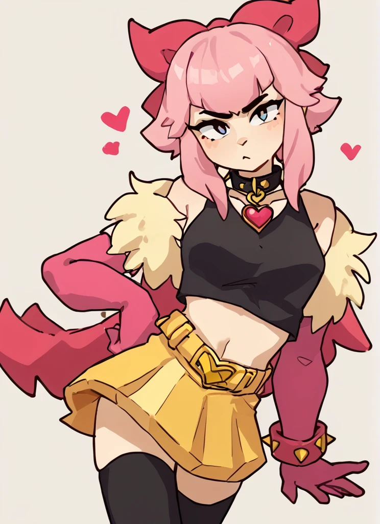 score_9, score_8_up, score_7_up,  <lora:bsmelodie:1>  bsmelodie  , fur trim ,  1girl, solo ,  pink hair,  hair bow  ,black collar ,neck heart  ,black shirt, crop top,  bare shoulders, elbow gloves, pink gloves, yellow bracelet , yellow skirt  , black thighhighs  ,  looking at viewer,  <lora:Yagi_the_Goat_Style:1>by s1120411