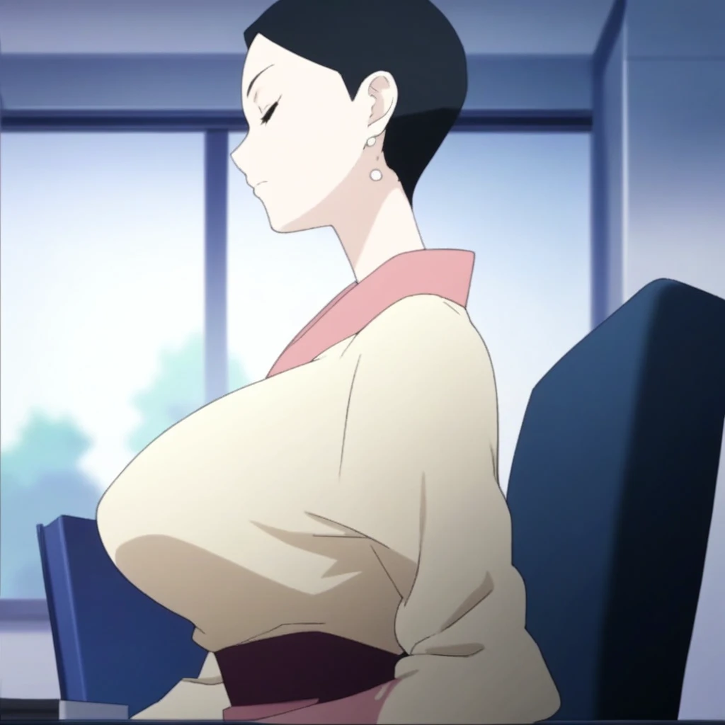 score_9, score_8_up, score_7_up, score_6_up, source_anime, anime screenshot, anime coloring,doctor_vega, 1girl, solo, breasts, short hair, large breasts, closed mouth, jewelry, sitting, upper body, closed eyes, earrings, from side, profile, indoors, office, window, desk