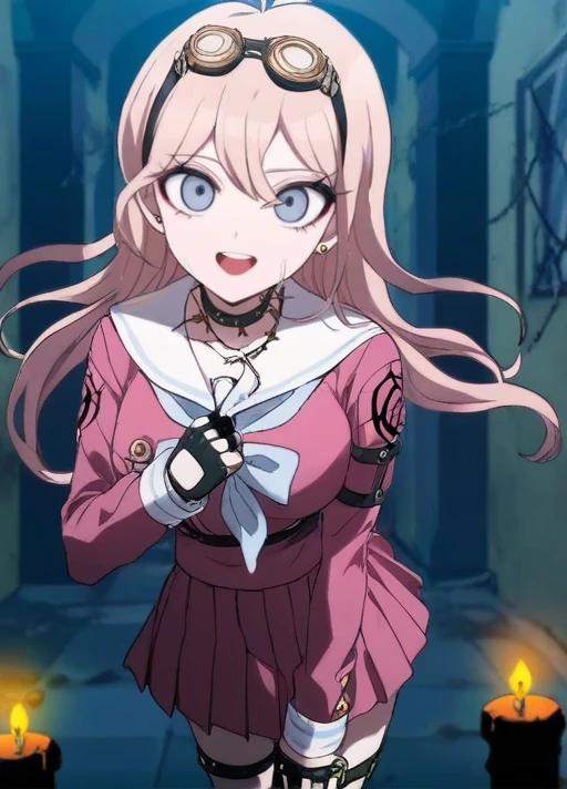 detailed background, solo, <lora:Miu_Iruma_SDXL:1>,  This anime screencap is from Danganronpa the Animation. ,     Miu Iruma wearing her uniform from Danganronpa V3. Miu Iruma has waist-length strawberry blonde hair that flows in waves around her back, with two short locks of hair sticking up at the top of her head, sweeping to her right. Her bangs are long and wispy, swept somewhat to her left. She has ice-blue eyes. Her head accessories consist of a pair of brown goggles with gold accents. Miu wears a modified, long-sleeved, dark pink seifuku uniform with a white sailor collar and sleeve cuffs, both striped with a single faded pale blue line, a faded pale blue bow tied at her collar. Her chest cover is noticeably missing, her cleavage exposed. A crest can be found in black printed at the shoulders of her sleeves. She wears a short, dark pink pleated skirt the same color as her uniform, vertically striped off-white knee-high socks, and black heeled boots accented with gold buckles, studs, and buttons. Her accessories include a black choker, two rubber collars that resemble barbed wire, black fingerless gloves studded with silver, a pin of the mouse mascot from Niko Niko Happy on her collar, black straps connected with gold studs wrapping her left upper arm, and black straps studded with gold linked with gold rings around her torso and legs. Her long black boots reach nearly up to her knees. Miu Iruma is in a spooky, abandoned mansion, standing in a dimly lit hallway lined with flickering candles. She's holding a mechanical jack-o'-lantern in one hand and a wrench in the other, looking around with a mixture of curiosity and caution. The walls are adorned with eerie portraits and cobwebs.