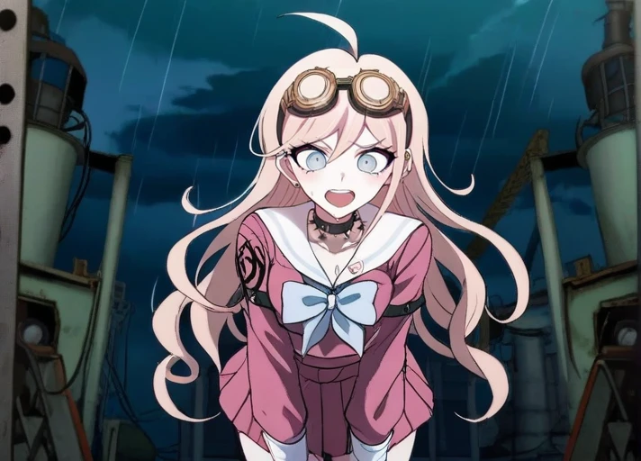 detailed background, solo, <lora:Miu_Iruma_SDXL:1>,  This anime screencap is from Danganronpa the Animation. ,     Miu Iruma wearing her uniform from Danganronpa V3. Miu Iruma has waist-length strawberry blonde hair that flows in waves around her back, with two short locks of hair sticking up at the top of her head, sweeping to her right. Her bangs are long and wispy, swept somewhat to her left. She has ice-blue eyes. Her head accessories consist of a pair of brown goggles with gold accents. Miu wears a modified, long-sleeved, dark pink seifuku uniform with a white sailor collar and sleeve cuffs, both striped with a single faded pale blue line, a faded pale blue bow tied at her collar. Her chest cover is noticeably missing, her cleavage exposed. A crest can be found in black printed at the shoulders of her sleeves. She wears a short, dark pink pleated skirt the same color as her uniform, vertically striped off-white knee-high socks, and black heeled boots accented with gold buckles, studs, and buttons. Her accessories include a black choker, two rubber collars that resemble barbed wire, black fingerless gloves studded with silver, a pin of the mouse mascot from Niko Niko Happy on her collar, black straps connected with gold studs wrapping her left upper arm, and black straps studded with gold linked with gold rings around her torso and legs. Her long black boots reach nearly up to her knees. Miu Iruma in a spooky, abandoned power plant on a dark, stormy Halloween night. The plant is filled with towering, humming machinery, flickering control panels, and a sense of impending doom. Miu is excitedly working to repair a strange, malfunctioning generator that seems to be causing the storm outside to grow stronger.