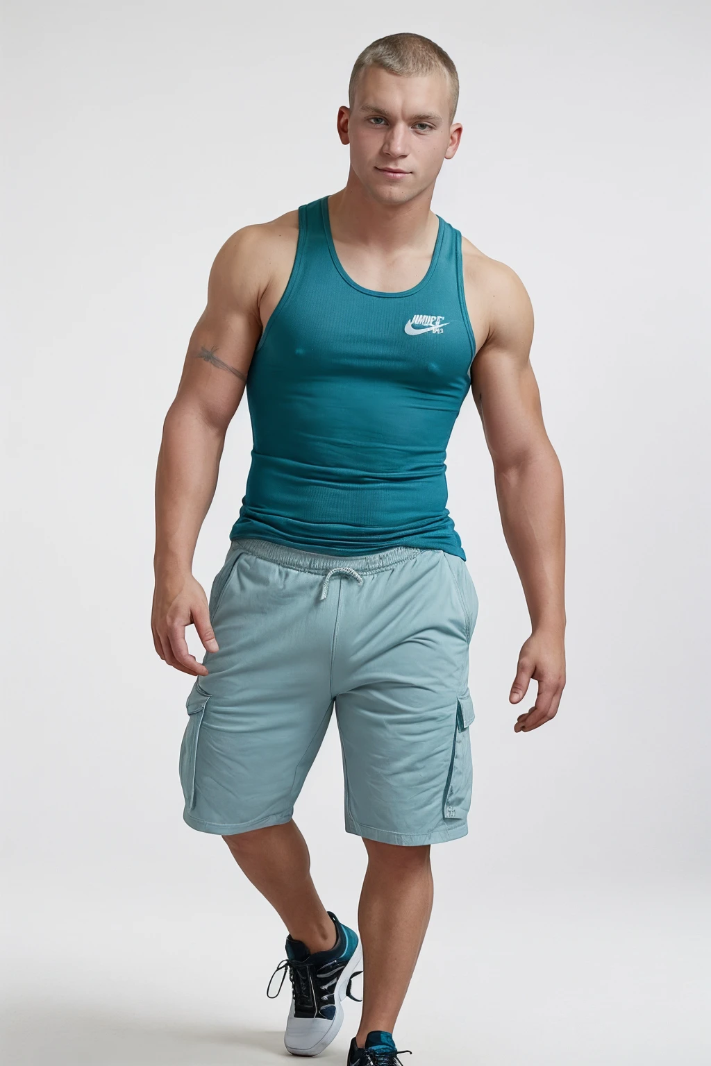 Describe a man of approximately 30 years old, with an athletic physique, short hair and a well-groomed beard. He has piercing green eyes and a confident expression. He's wearing a tight tank top that highlights his muscles, gym shorts and athletic sneakers. He is standing next to a luxurious swimming pool at his home, with a lush landscape in the background. Surrounding the pool are elegant sun loungers and tall palm trees, adding a touch of sophistication to the environment