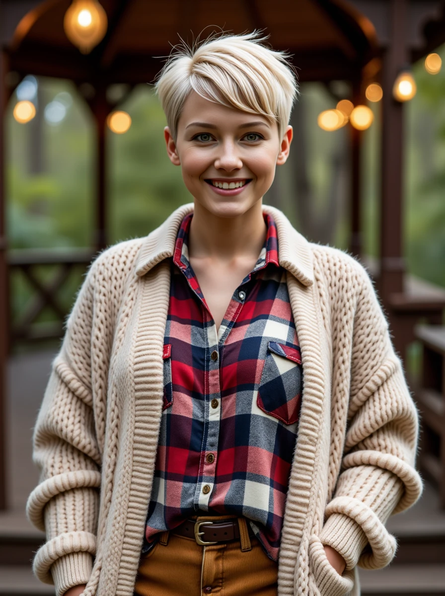 amateur photo of a blonde woman posing confident, she smiles, her hair has a edgy short cut, her skin has a detailed texture with subsurface details, she is wearing a cozy cabin-core outfit with a chunky knit cardigan, layered over a soft flannel shirt and durable corduroy pants, ideal for a retreat in the woods, at a secluded gazebo in a lush garden, adorned with twinkling lights and soft music, creating an enchanting backdrop for intimate evenings. <lora:karadetroit:1.2> k4r4d3droit