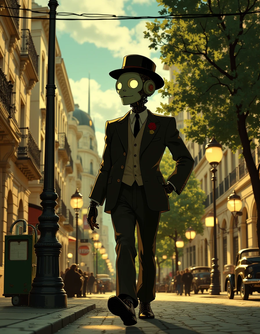 d13s3lp2nk   a robot in a suit and hat walking down a city street, surrounded by buildings, street poles, street lights, and a tree. The sky is visible in the background.
  <lora:dieselpunk-delight:0.9>