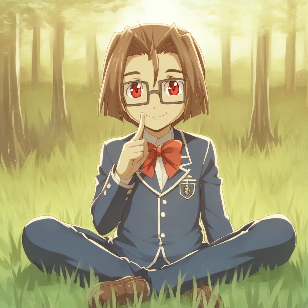 score_9, solo, 1boy, tenpei_hayano, brown hair, red eyes, glasses, bow, school uniform, smile, cute, sitting, grass, trees, natural lighting