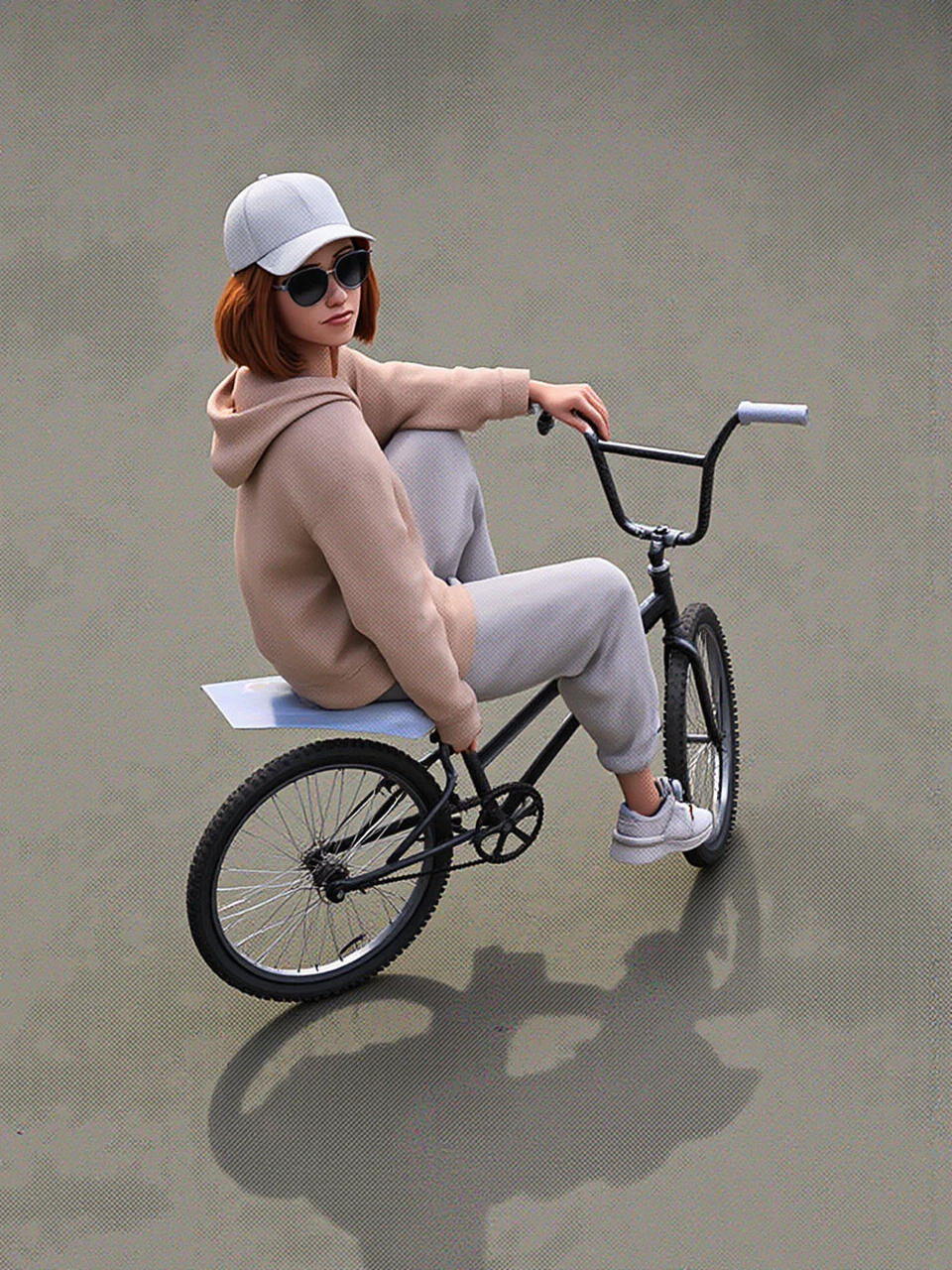 in the style of zhyz. in the style of digital illustration.  a young woman sitting atop a black BMX bike with a white seat and handlebars. She is positioned slightly off-center to the right, looking directly at the camera with a confident, neutral expression. She wears a light beige hoodie with a loose, casual fit, and white pants, complemented by a matching white baseball cap adorned with a small white logo. Her footwear consists of white sneakers with subtle grey accents, and she sports dark sunglasses that obscure her eyes. 

The background is a vast, smooth, concrete surface, likely a skate park or similar urban setting。