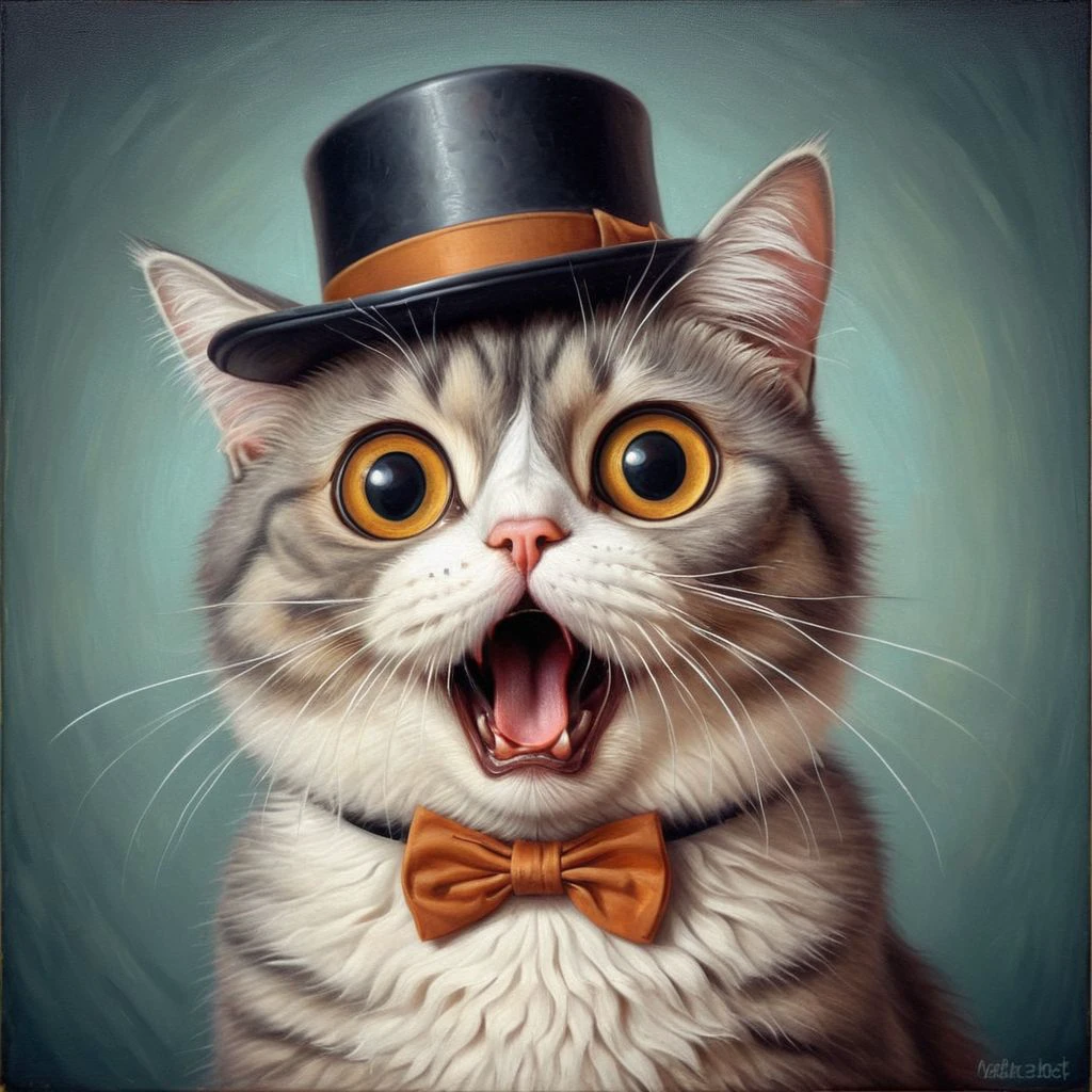 humorous shocked cat portrait, dapper hat,  lowbrow art <lora:Shocked_Cats:0.5>