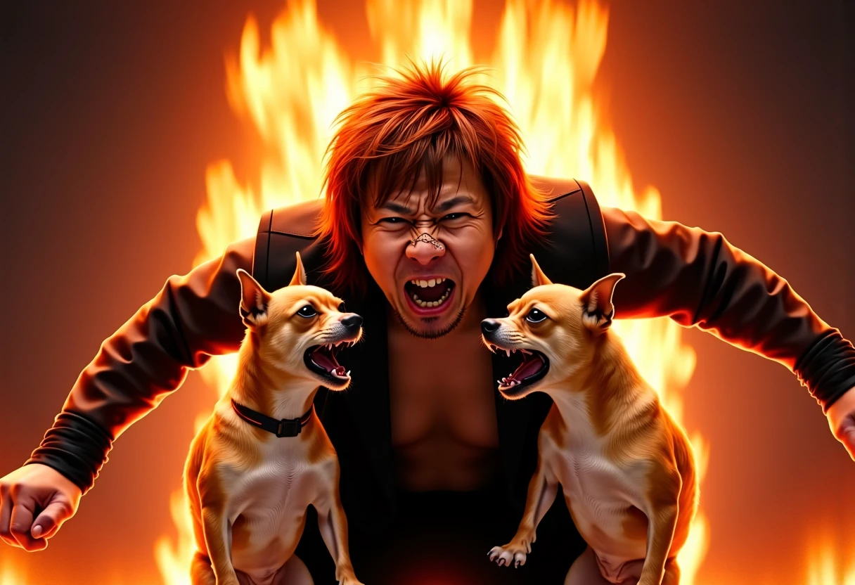 Vibrant Rim Light, art illustrating insane amounts of raging elemental energy turning into several mean long haired chihuahuas are violently scratching red brown hair big strong SatoshiKojima man in the face for trying to eat all the bread, in a bread bakery protected by long haired chihuahuas, avatar of elements. magical surrealism, wizardry. best quality, high resolution, bright rim light, high contrast, bold edge light