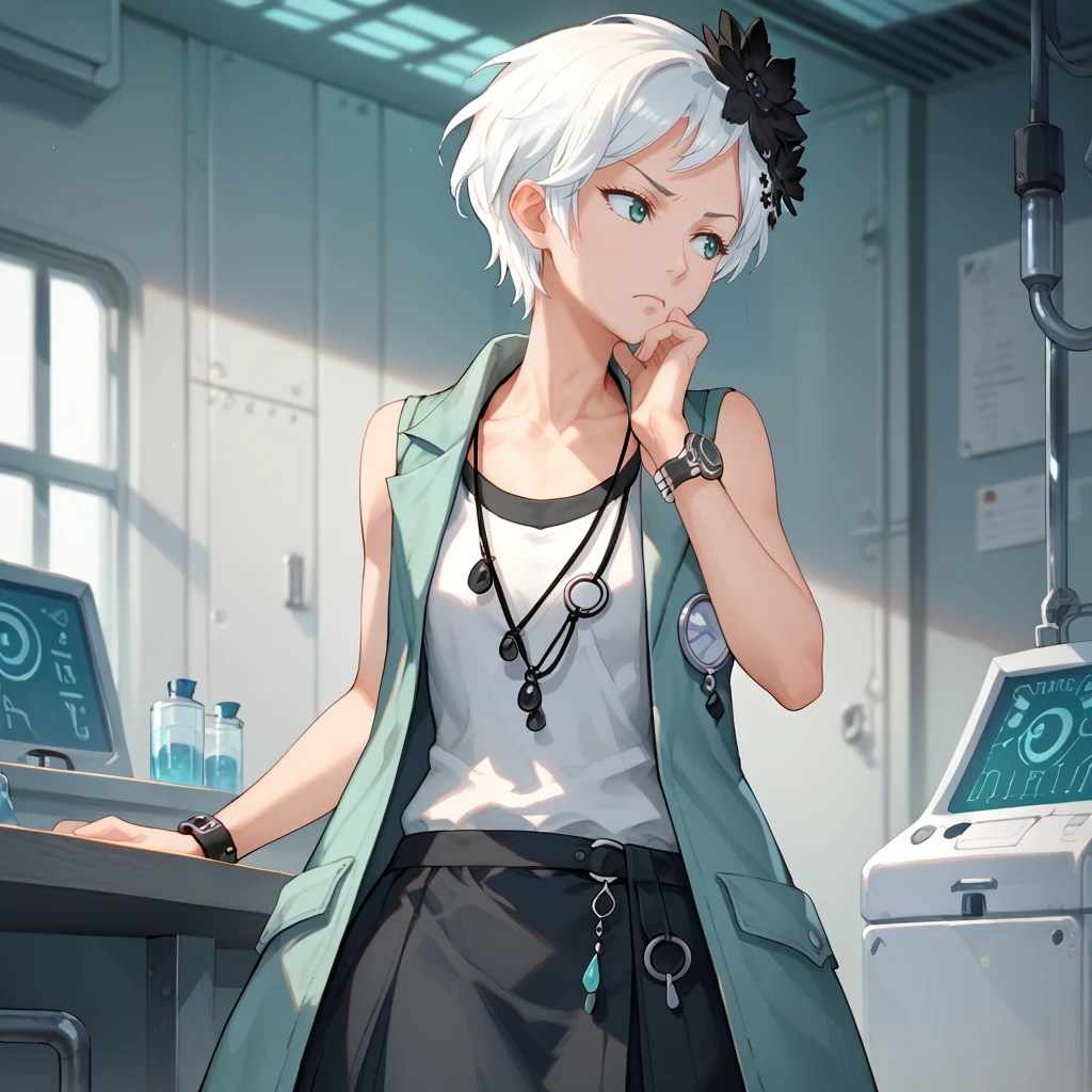 score_9, score_8_up, score_7_up, 1girl, solo, uncensored, nonaryphi, serious, looking away, thinking, hand on own chin, short white hair, black hair flower, light blue vest, white shirt, sleeveless, black skirt, necklace, black wristwatch, indoors, laboratory, escape room, <lora:NonaryPhiTrainingXL_v1.0:1>