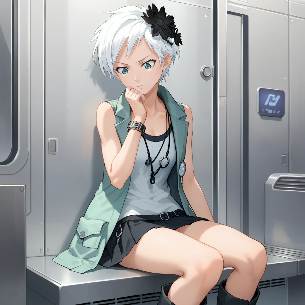 score_9, score_8_up, score_7_up, 1girl, solo, uncensored, nonaryphi, serious, looking down, thinking, hand on own chin, elbow rest,  short white hair, black hair flower, light blue vest, white shirt, sleeveless, black skirt, black knee boots, necklace, black wristwatch, indoors, laboratory, escape room, elevator, metal walls <lora:NonaryPhiTrainingXL_v1.0:1>