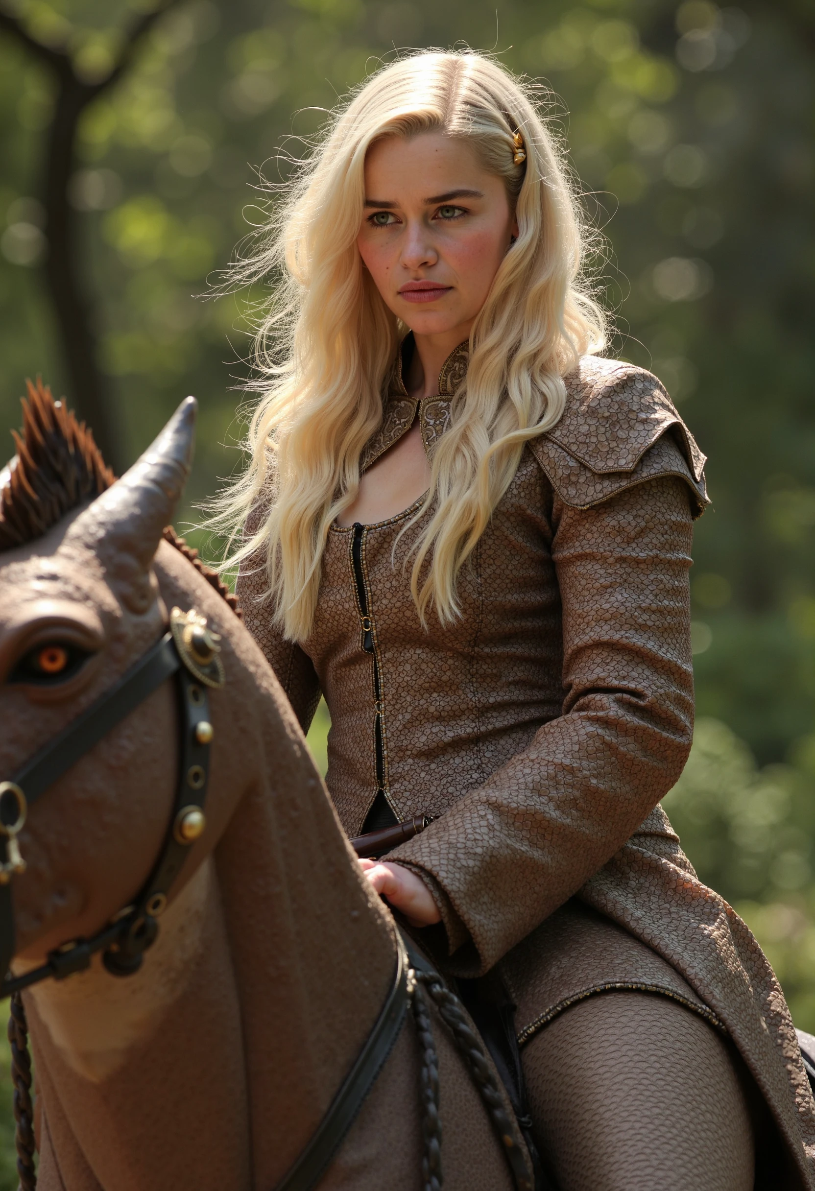 
A close-up portrait of a blonde woman emiliaclarke riding a dragon
