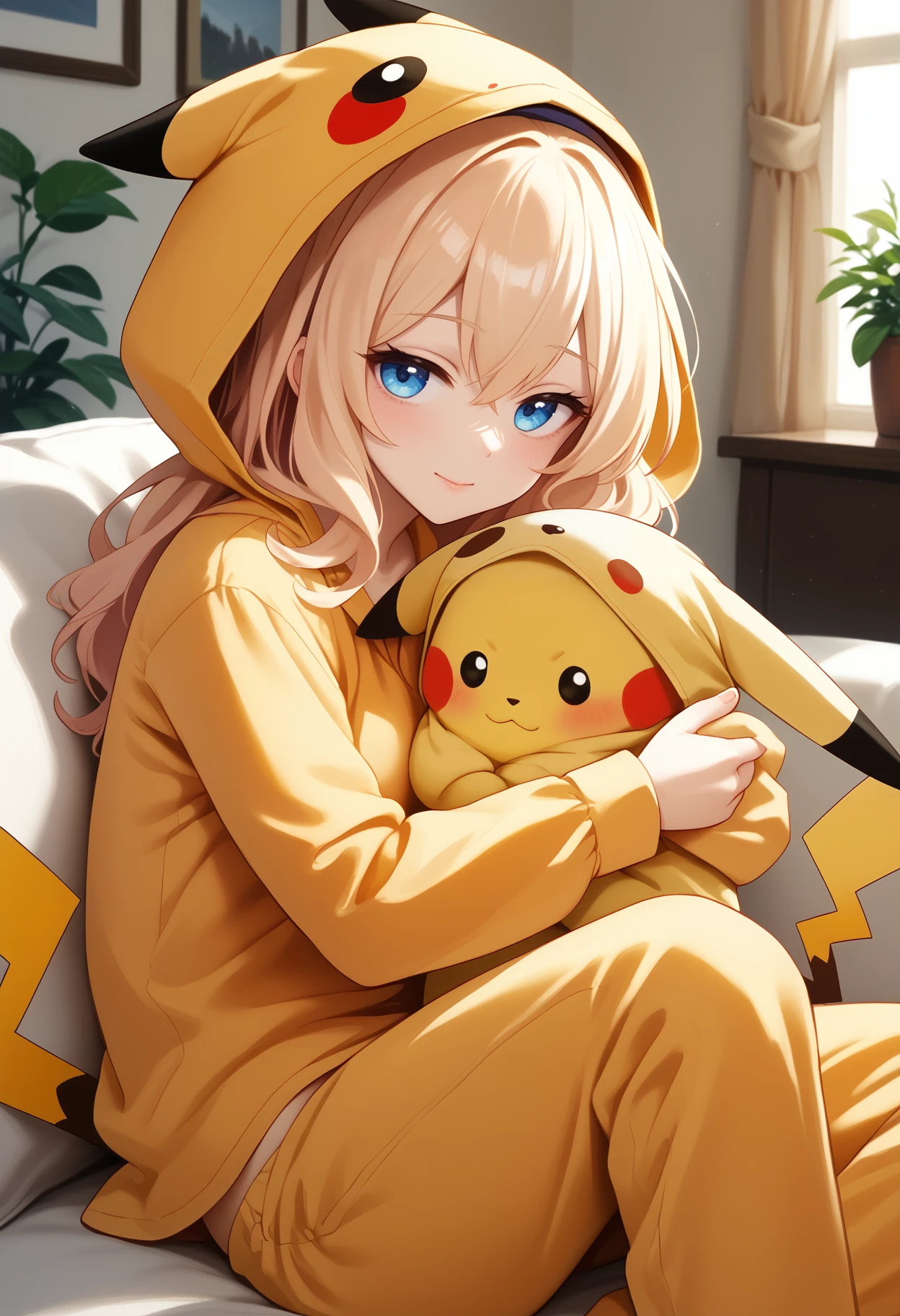 score_9, score_7_up, score_8_up, score_6_up, score_5_up, livingroom, couch
BREAK leander, pajamas, hood, pikachu cosplay, yellow onesie, long sleeves, snuggling, pillow hug
<lora:Leander-AzurLane_ponyXL_v10:0.8> <lora:PikachuCosplay_ponyXL_v10:1>