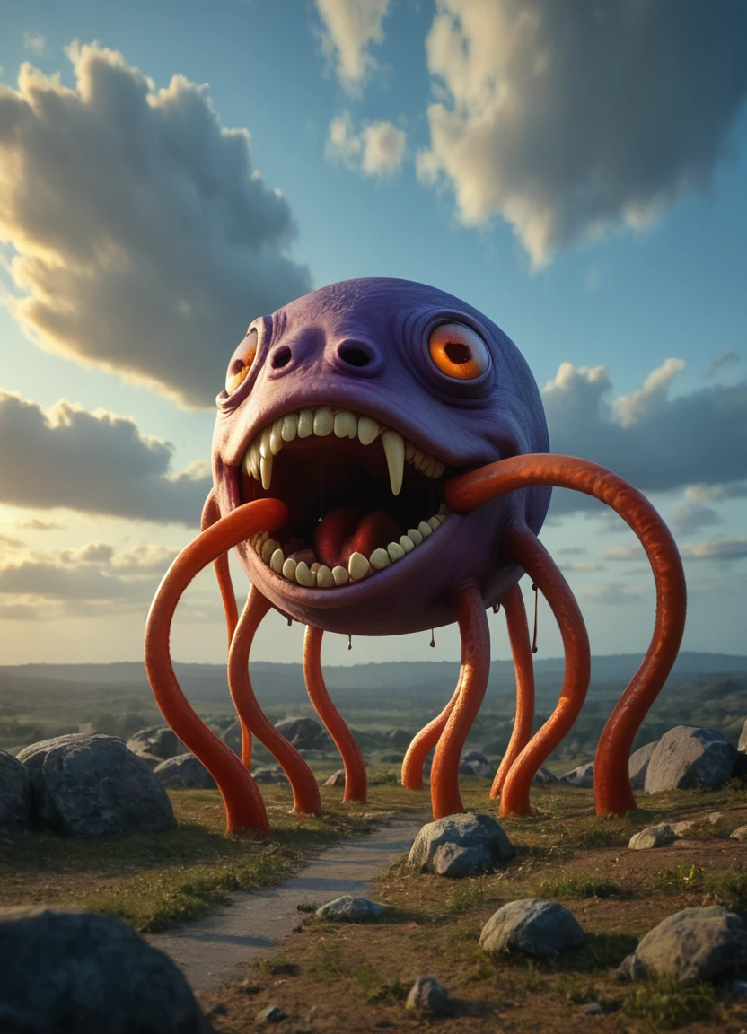a big, angry purple and blue octopus with a red headband