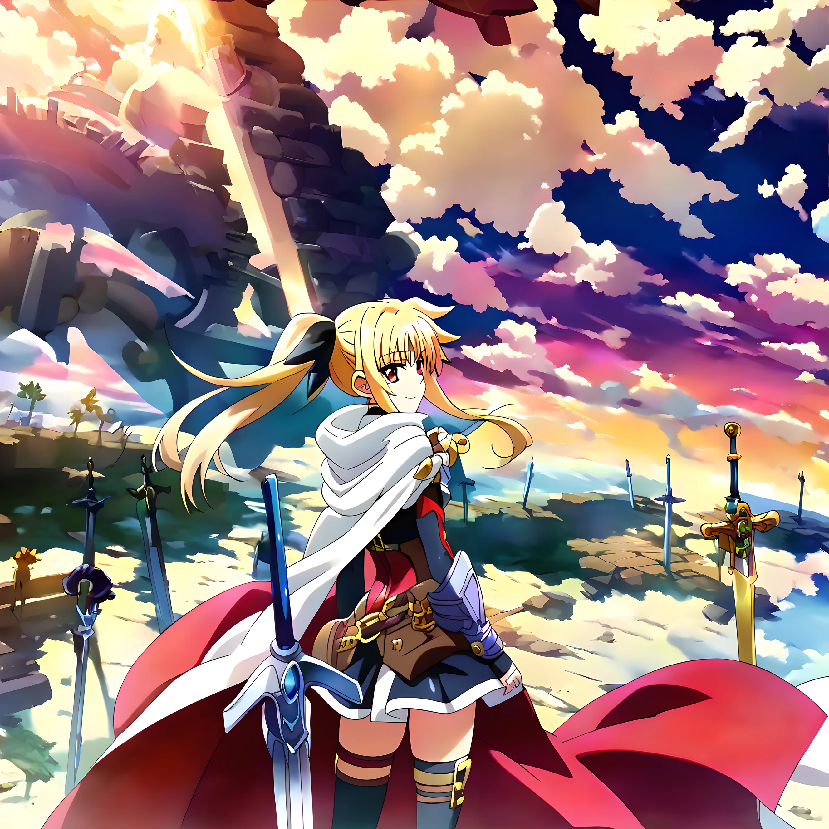 <lora:pony_xl_ubw:0.9>,ubw,score_9,score_8_up,score_7_up,source_anime,1girl,solo,scenery,cloud,sky,sunset,gears,weapon,sword,planted,planted sword,<lora:pony_xl_fate:0.9>,fate,cape,thighhighs,looking_at_viewer,upper_body,looking_back,standing,smile,