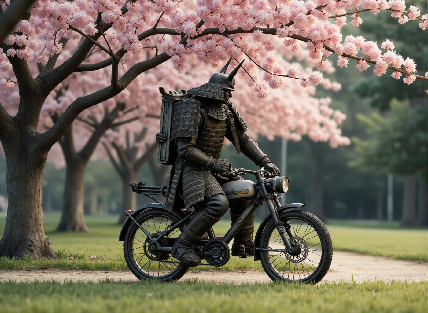 Samurai is riding a bicycle in a park with cherrytree blooming  <lora:Samurai:0.9>