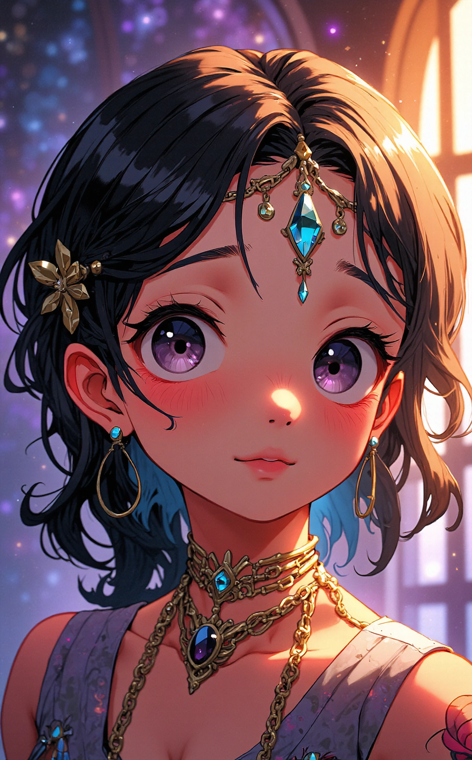 anime, niji, (off-center composition, close up Portrait), A close-up shot of a woman's face, framed by intricate, metallic jewelry and a delicate headpiece with shimmering gemstones. Her eyes are closed, and her expression is peaceful. The background is a blend of soft, glowing lights in shades of gold and purple, creating a dreamy, ethereal atmosphere.