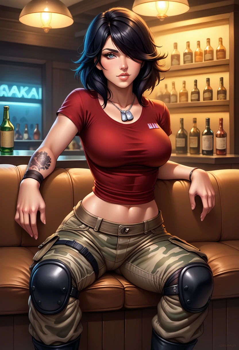 score_9, score_8_up, score_7_up,  source_anime,  BREAK solo, 1 girl,  <lora:WETRubyMalone:0.8>, RMWT, black hair, grey eyes, medium hair, hair over one eye, dog tags, red shirt, short sleeves,,bracelet, midriff, wrist tattoo, camouflage pants, knee pads, boots, parted lips, bar (place), breasts, looking at viewer, couch, sitting,