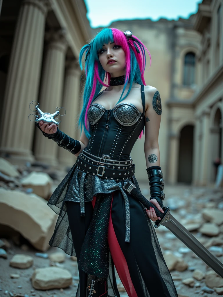 A cybergoth girl stands amidst the decaying grandeur of a ruined building, her vibrant attire a stark contrast to the crumbling walls. A fusion of futuristic and medieval elements adorns her person: silver accents glint on her leather corset, while a flowing skirt with circuit-patterned underskirts swirls around her legs like a digital whirlwind. In one hand, she grasps a gleaming katana, its hilt adorned with glowing blue circuits; in the other, a miniature drone orbits her head, its camera lens scanning the desolate landscape. The soft glow of LED lights embedded in her clothing casts an eerie luminescence on the rubble-strewn floor.