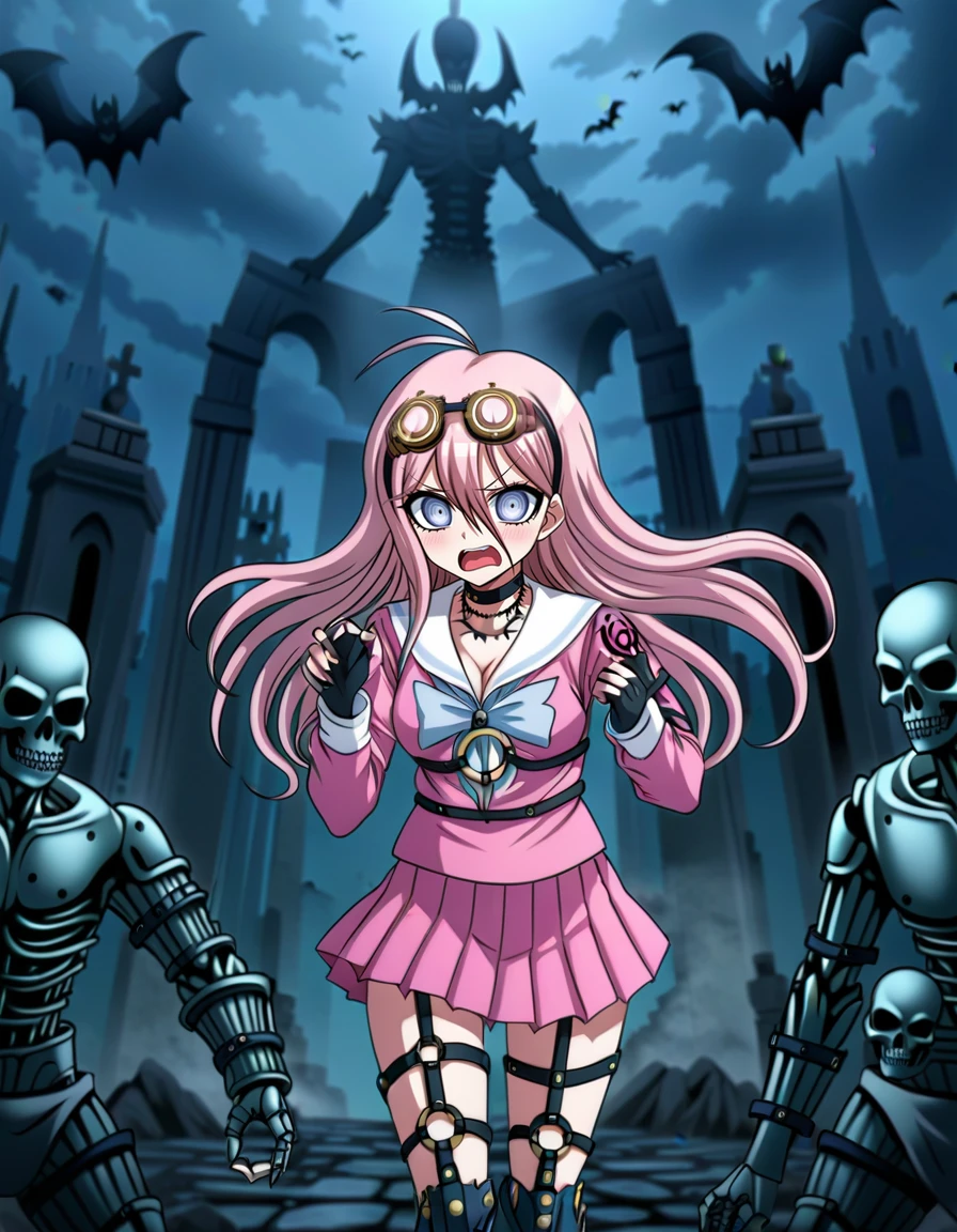 detailed background, solo, <lora:Miu_Iruma_SDXL:1>, This is an anime screencap from Danganronpa 3. ,  .    Miu Iruma wearing her uniform from Danganronpa V3. Miu Iruma has waist-length strawberry blonde hair, ice-blue eyes, brown goggles, and dark pink seifuku uniform. She has a white sailor collar and sleeve cuffs striped with a pale blue line and pale blue bow at her collar. Her cleavage is exposed. A crest's on the shoulders of her sleeves. She wears a short, dark pink pleated skirt, vertically striped off-white knee-high socks, black heeled boots. Her accessories include a black choker, two rubber collars that resemble barbed wire, black studded fingerless gloves, a pin of the mouse mascot on her collar, black straps connected with gold studs wrapping her left upper arm, and black straps around her torso and legs. Her long black boots nearly reach her knees. Miu Iruma is chasing a group of bat-like drones through a foggy cemetery. Her usual attire is modified with metallic, skeletal armor that glows faintly in the dark. Gravestones and eerie statues line the background, and behind her, a large, cobbled-together mechanical monster rises from a tomb. Miuâs expression is one of manic excitement as she controls the monster with a handheld device in one hand, sparks flying from the machine.